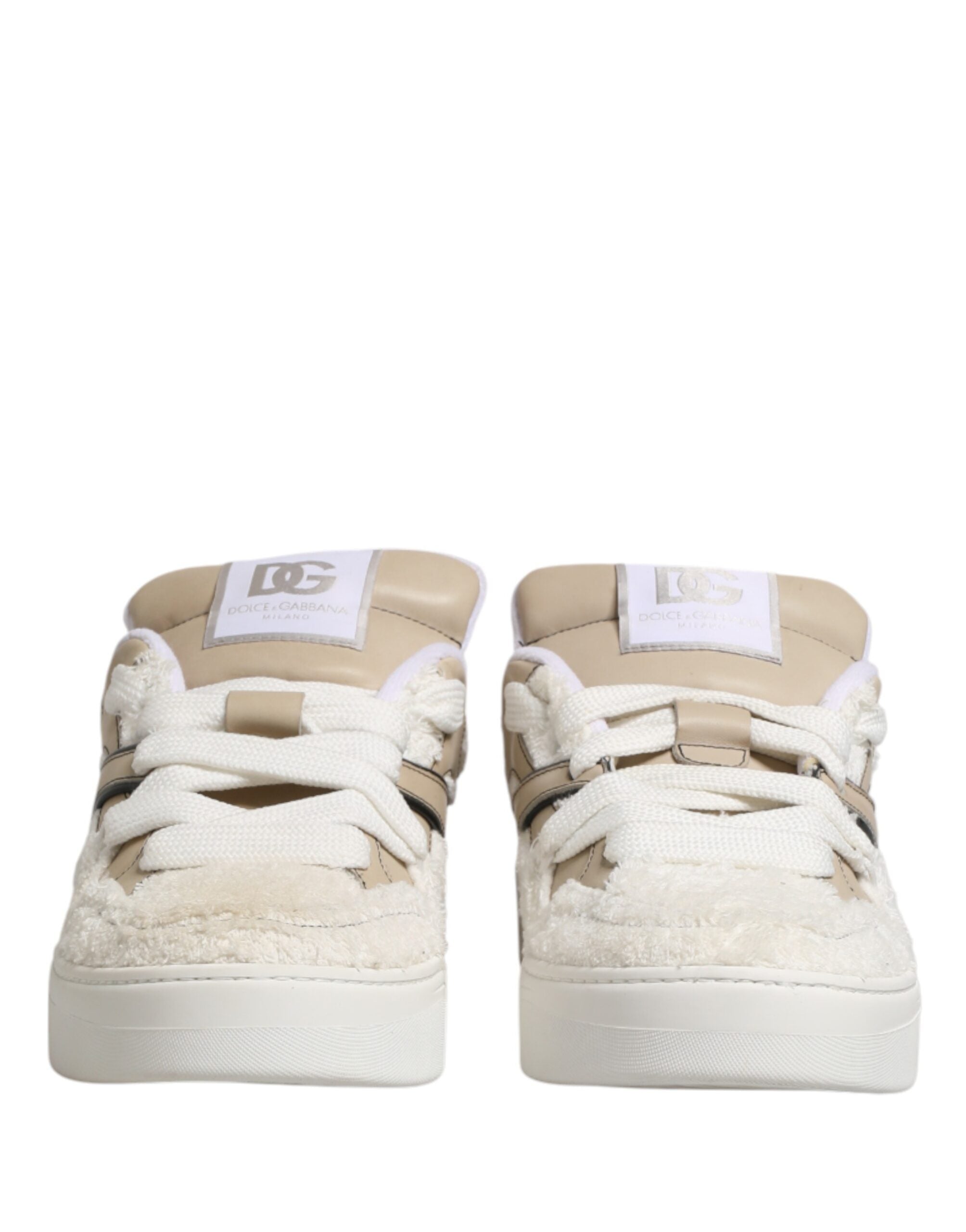 White Beige Faux Shearling Low Top Sneakers Shoes - ventzia