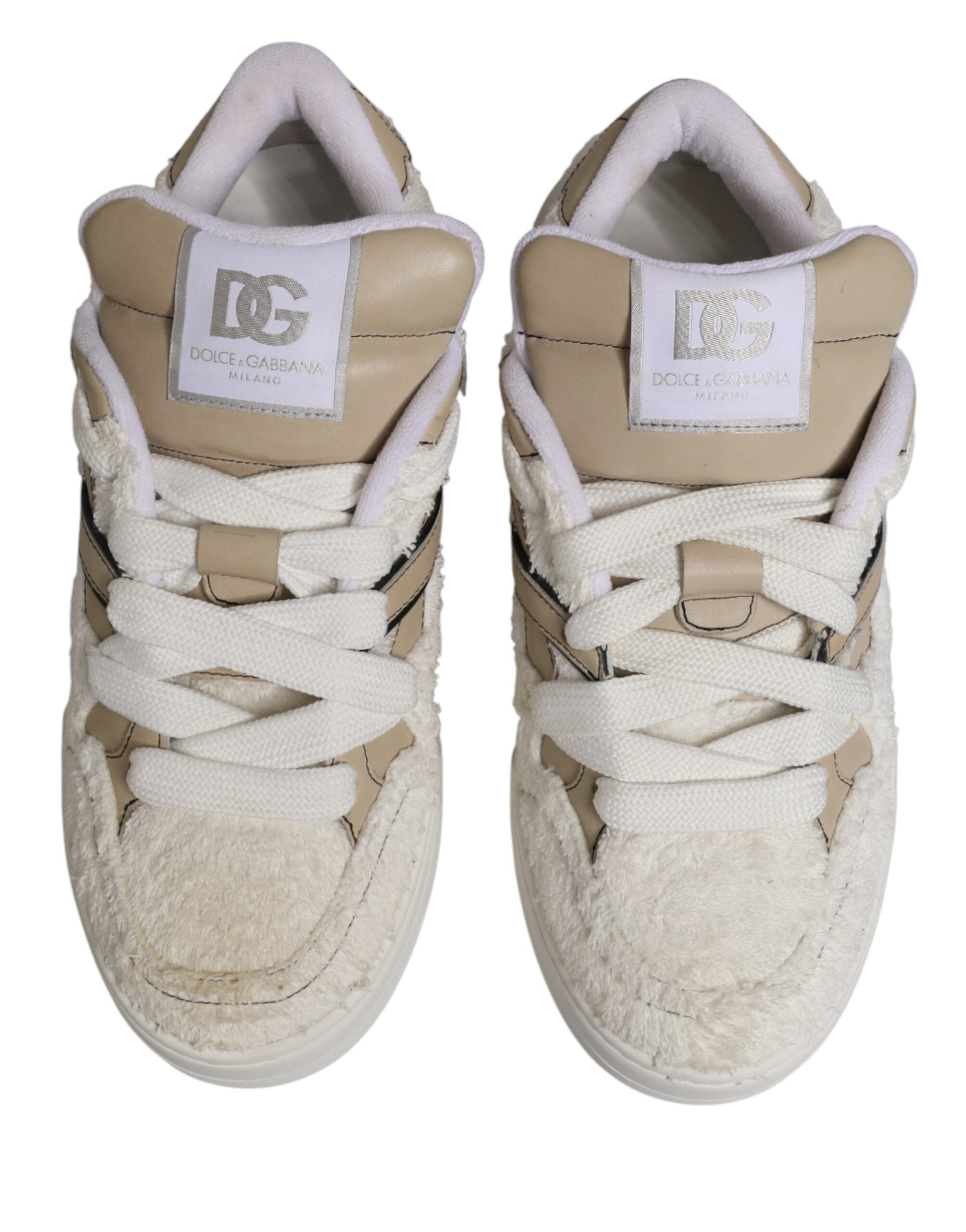 White Beige Faux Shearling Low Top Sneakers Shoes - ventzia