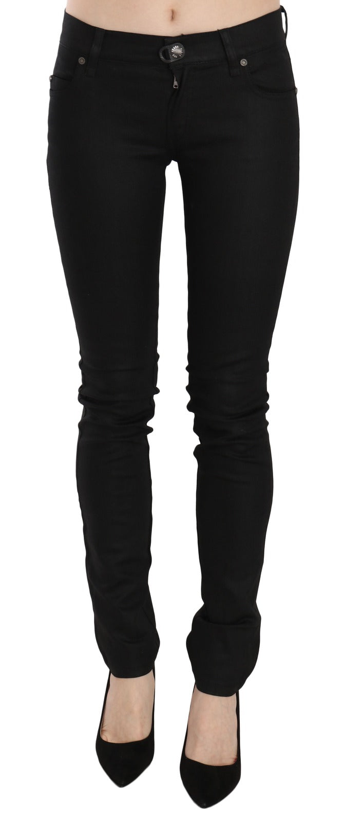 Cotton Black Mid Waist Skinny Denim Jeans - ventzia