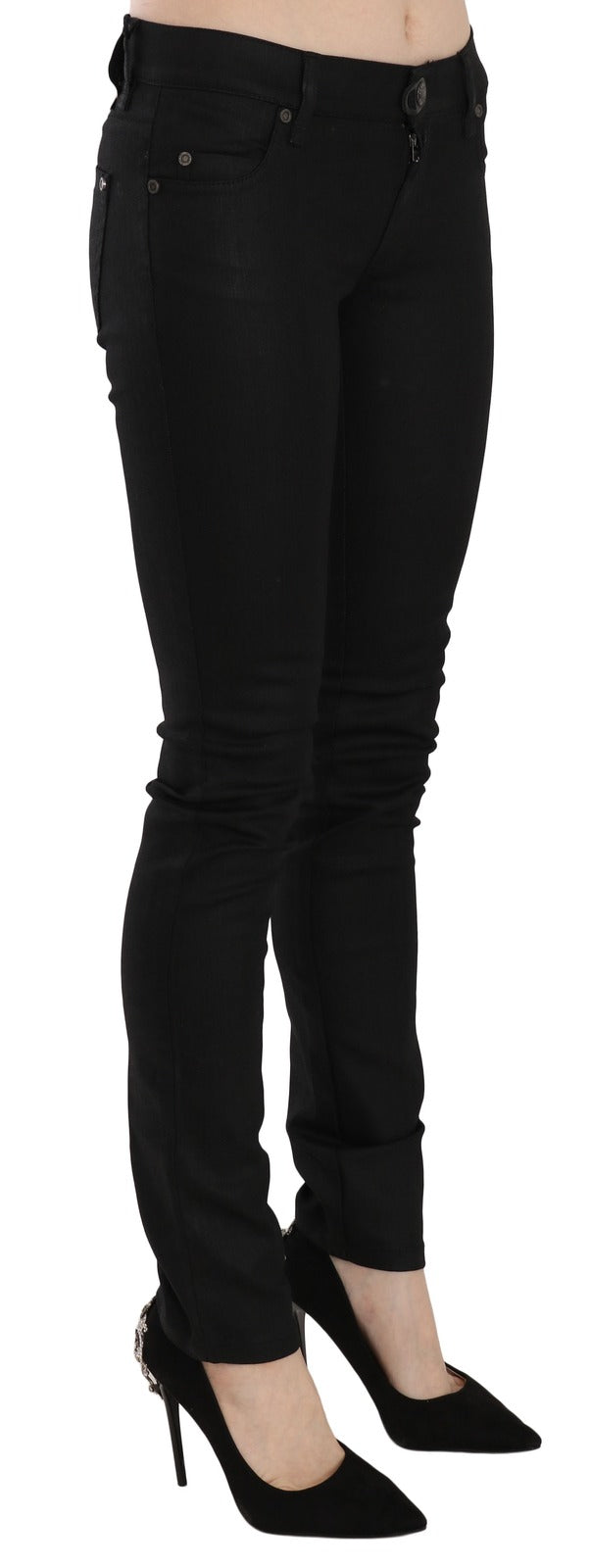 Cotton Black Mid Waist Skinny Denim Jeans - ventzia