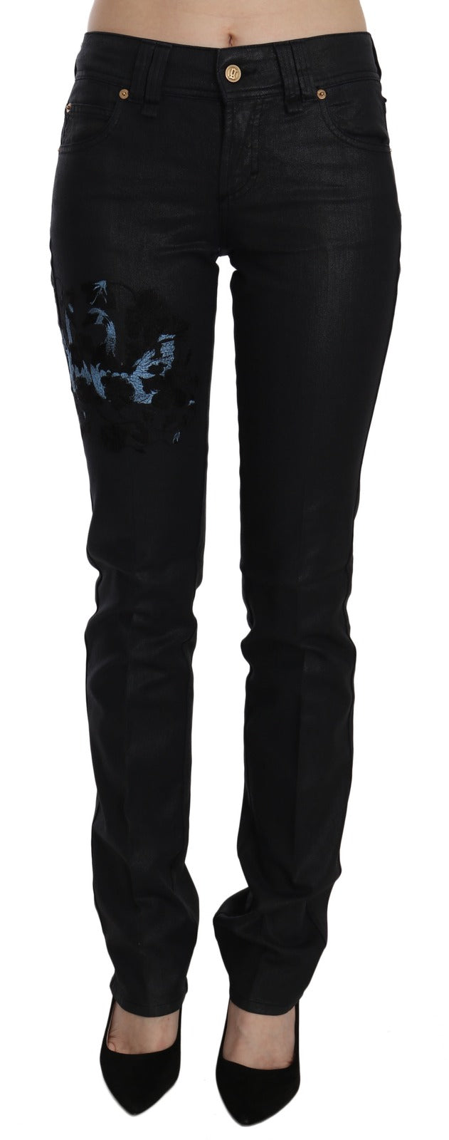 Black Swan Floral Embroidered Mid Waist Skinny Denim Jeans - ventzia