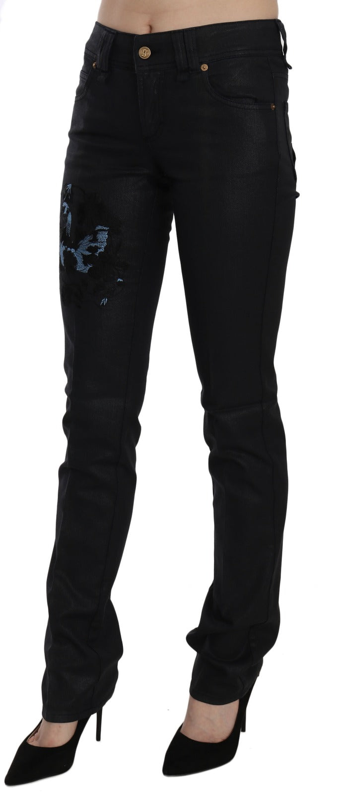 Black Swan Floral Embroidered Mid Waist Skinny Denim Jeans - ventzia