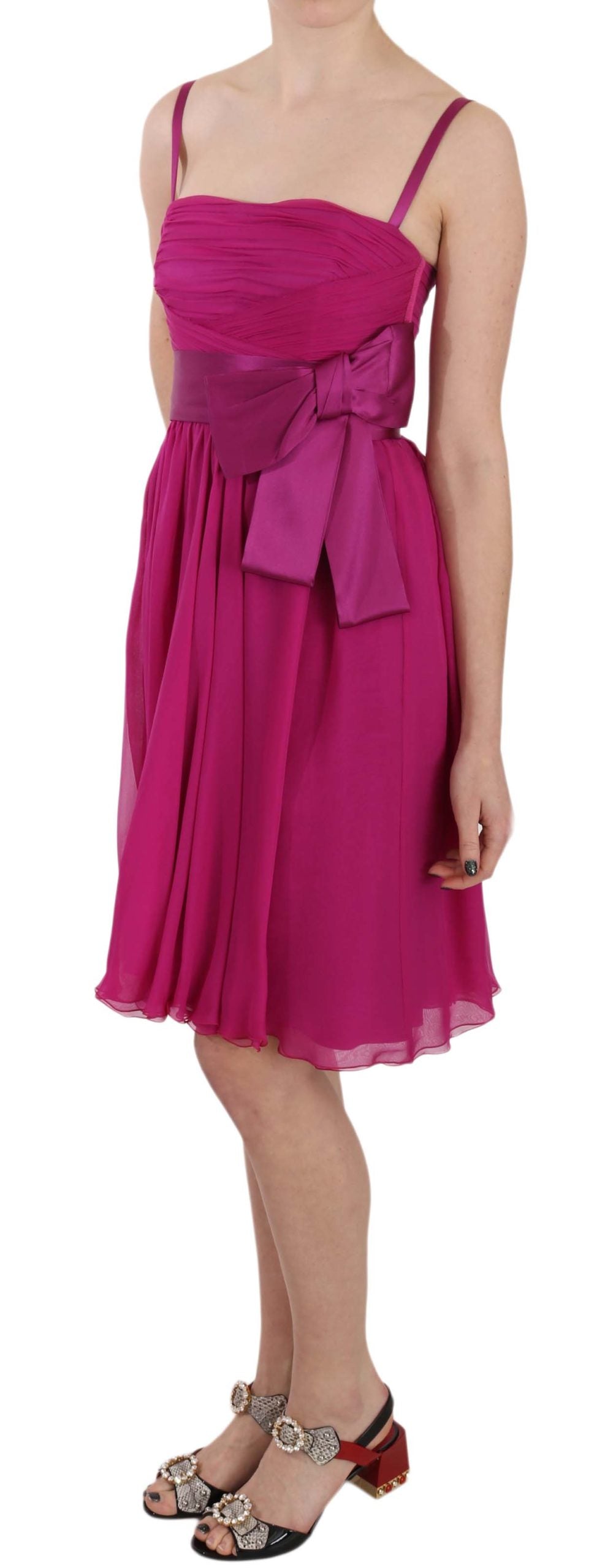 Elegant Fuchsia Pink Silk Bow Front Dress - ventzia