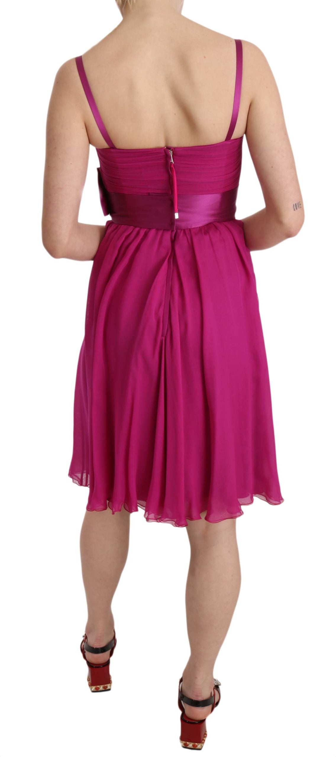Elegant Fuchsia Pink Silk Bow Front Dress - ventzia