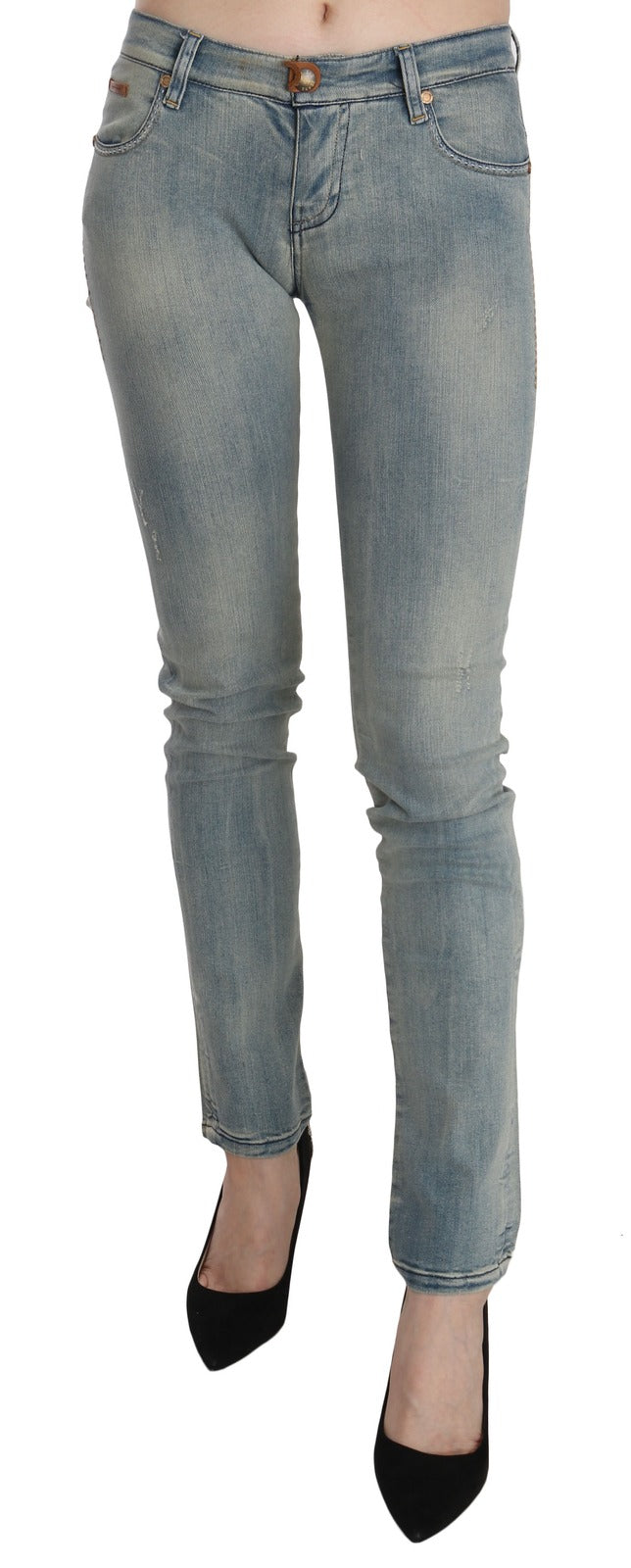 Light Blue Washed Mid Waist Skinny Denim Jeans - ventzia
