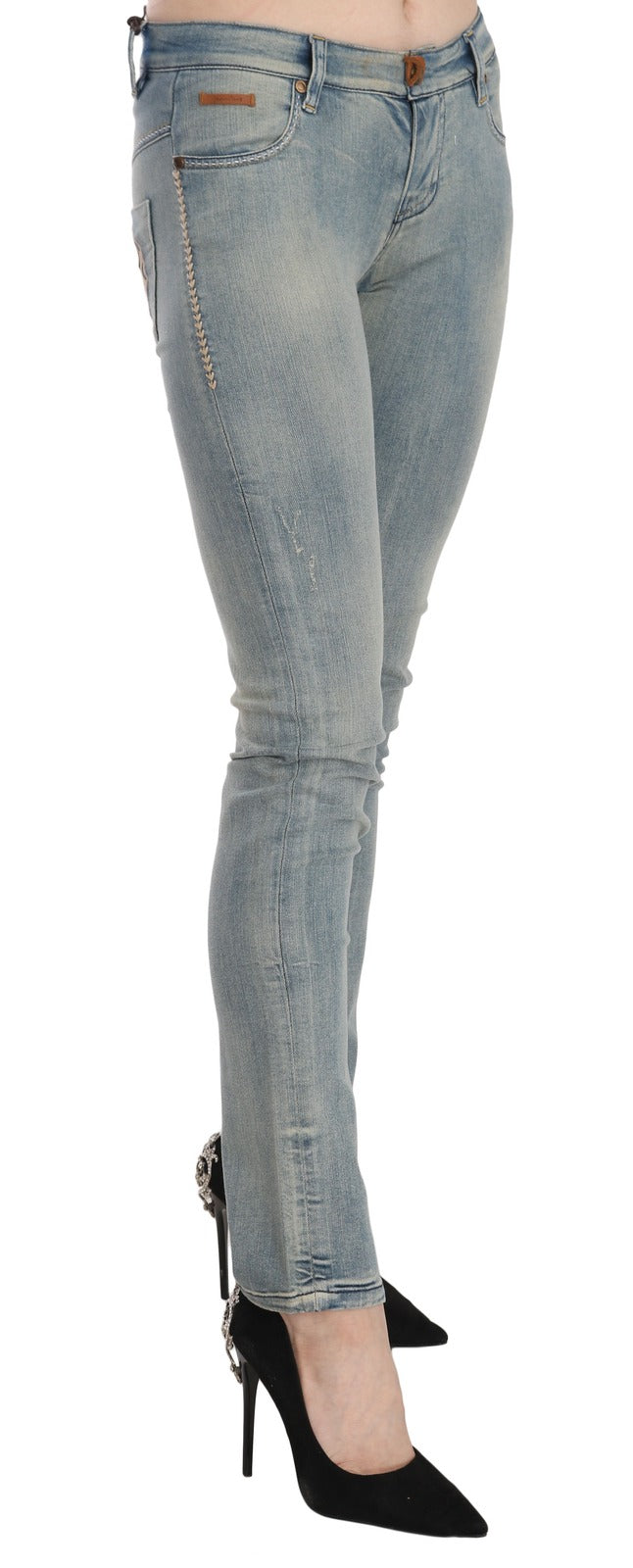 Light Blue Washed Mid Waist Skinny Denim Jeans - ventzia