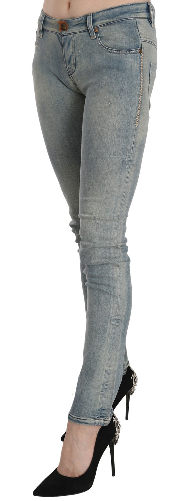 Light Blue Washed Mid Waist Skinny Denim Jeans - ventzia