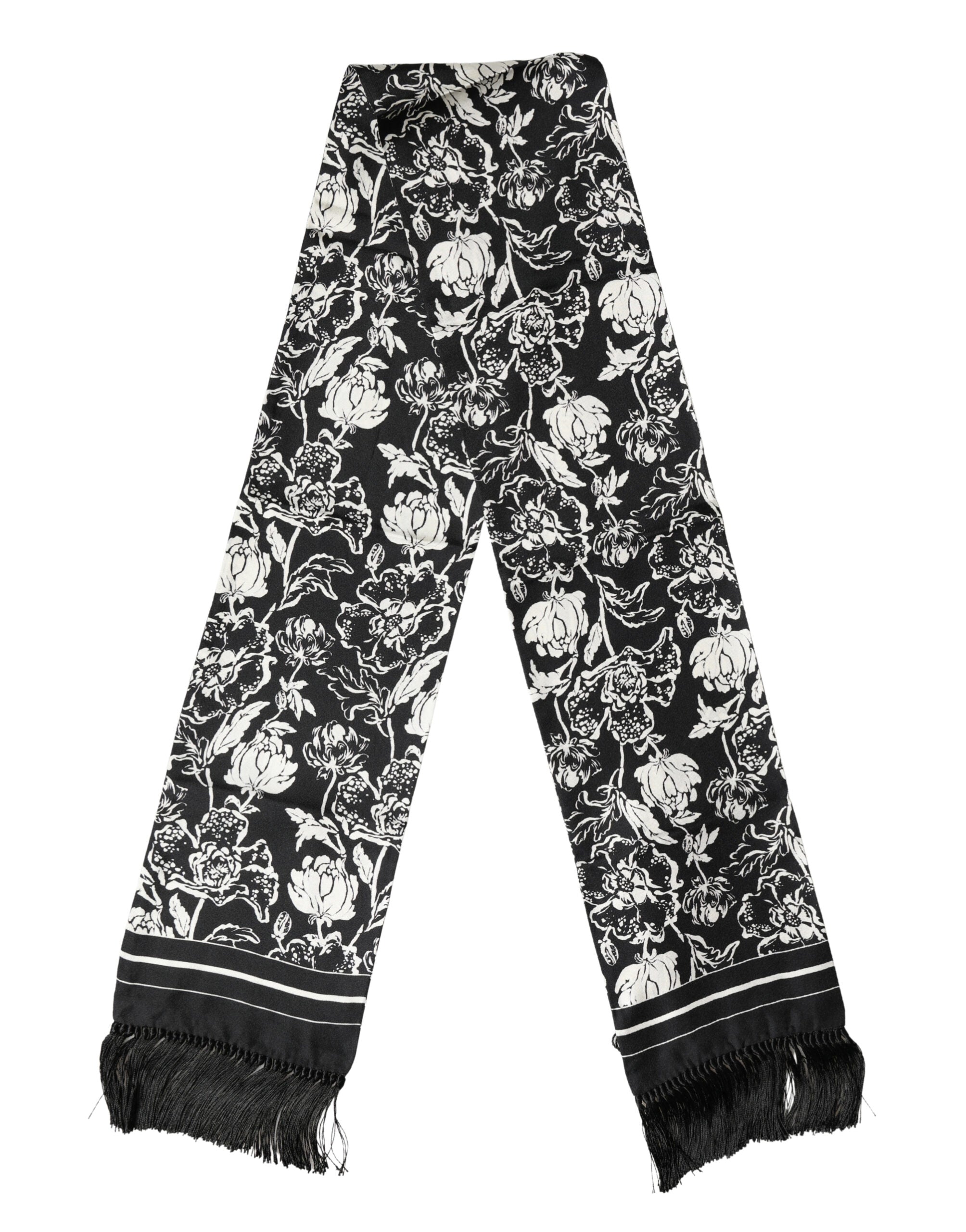 Black White Silk Floral Print Fringe 136cm X 15.5cm  Scarf - ventzia