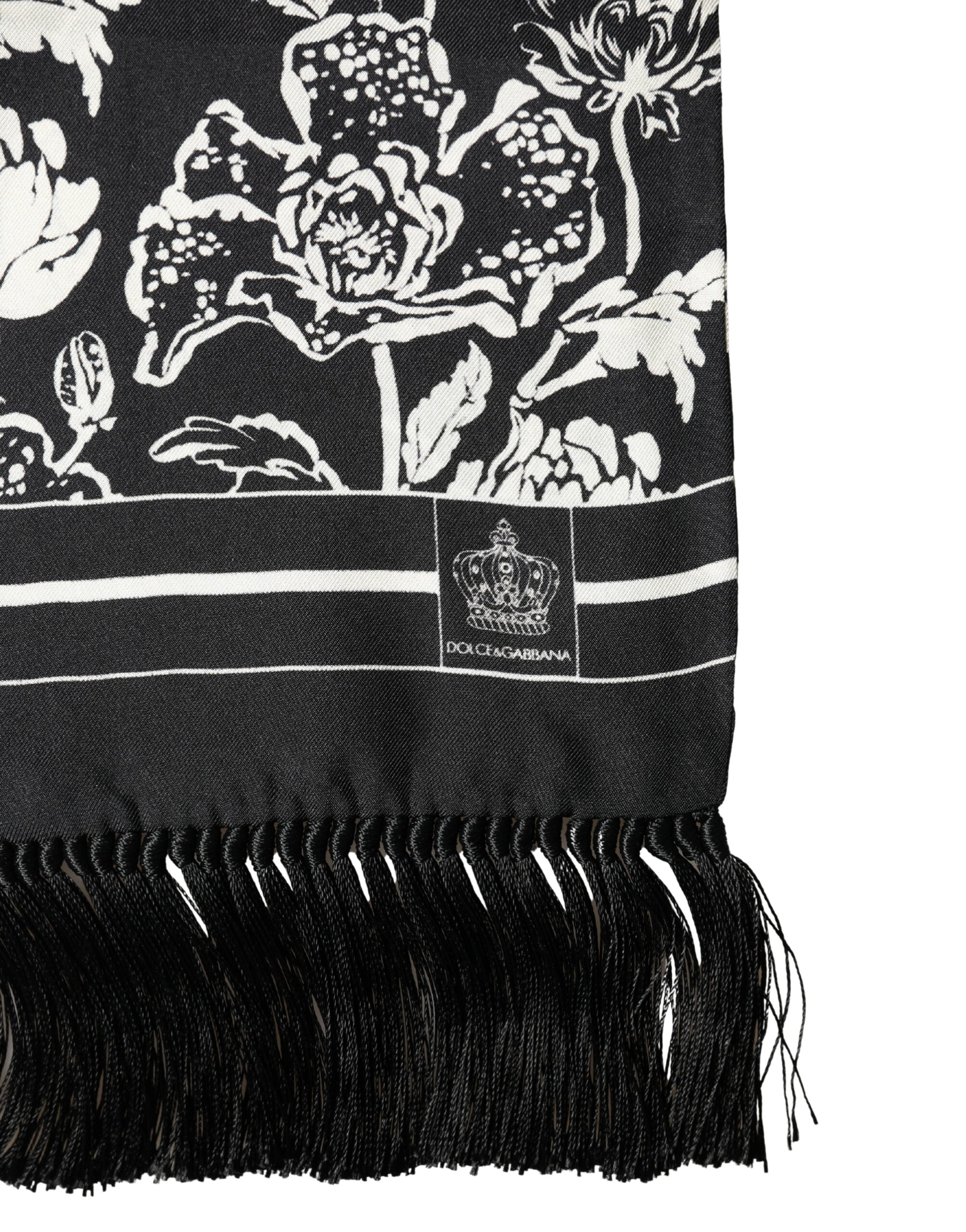 Black White Silk Floral Print Fringe 136cm X 15.5cm  Scarf - ventzia