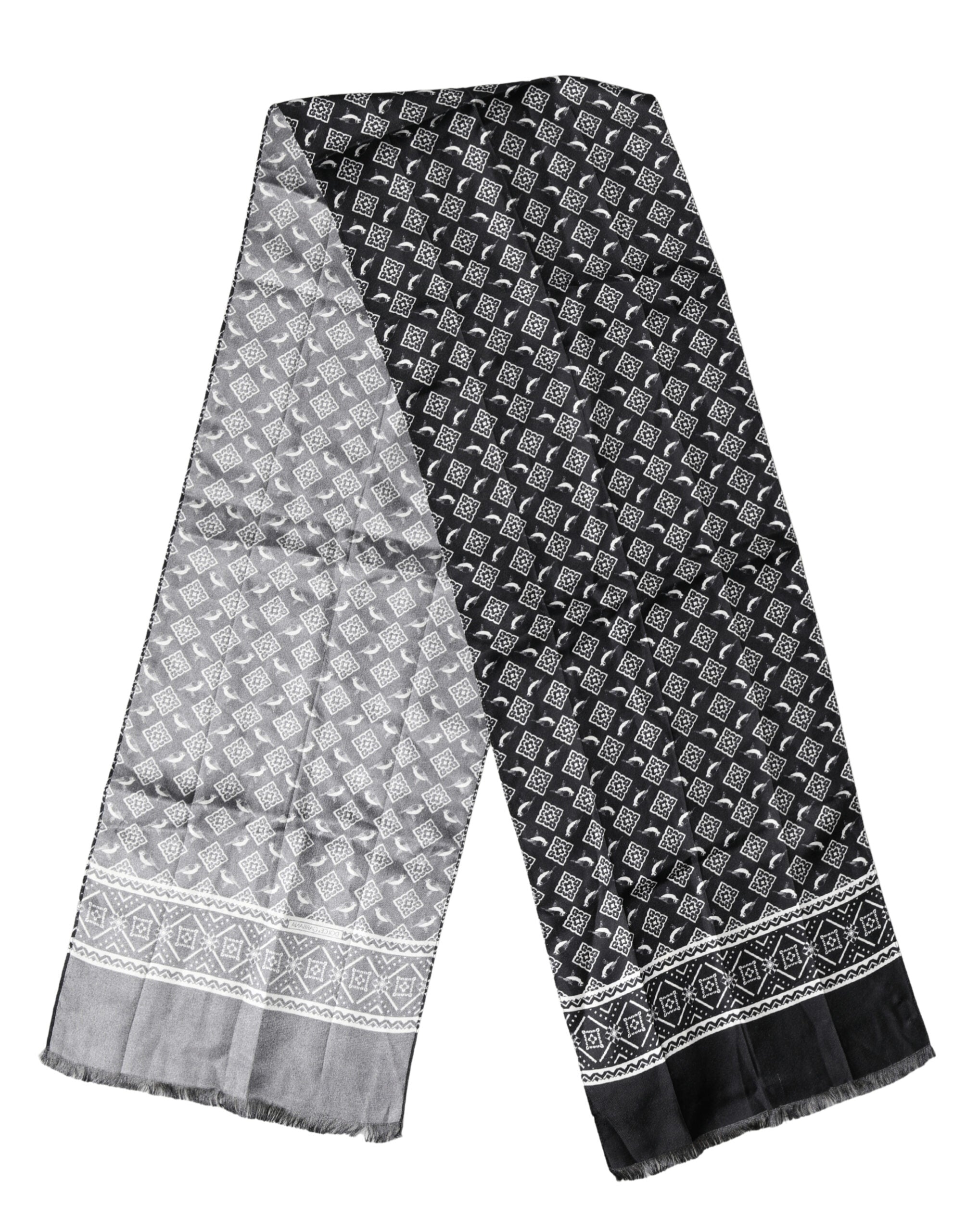 Black Gray Silk Bird Fringe Wrap Foulard 140cm X 23cm Scarf - ventzia