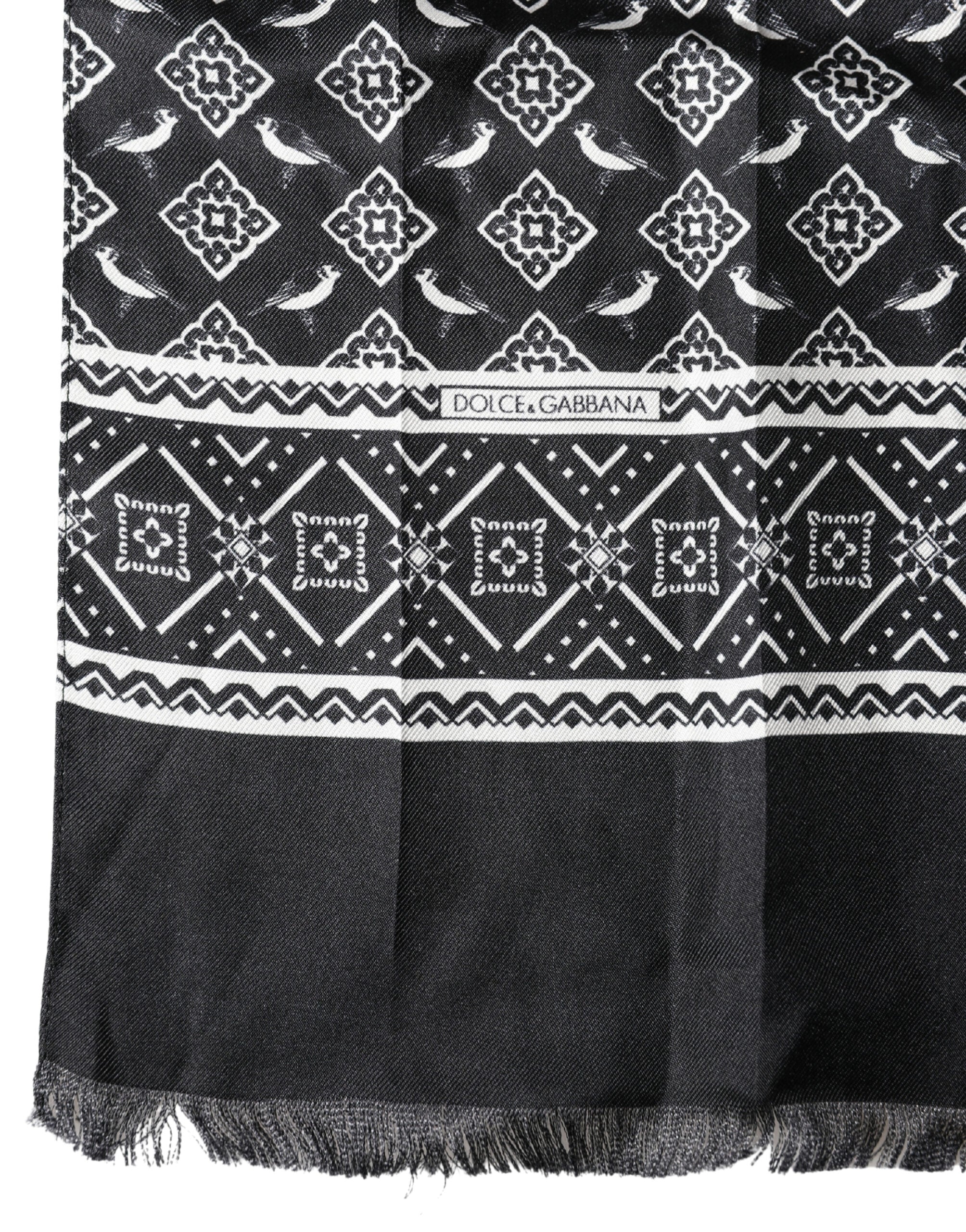 Black Gray Silk Bird Fringe Wrap Foulard 140cm X 23cm Scarf - ventzia