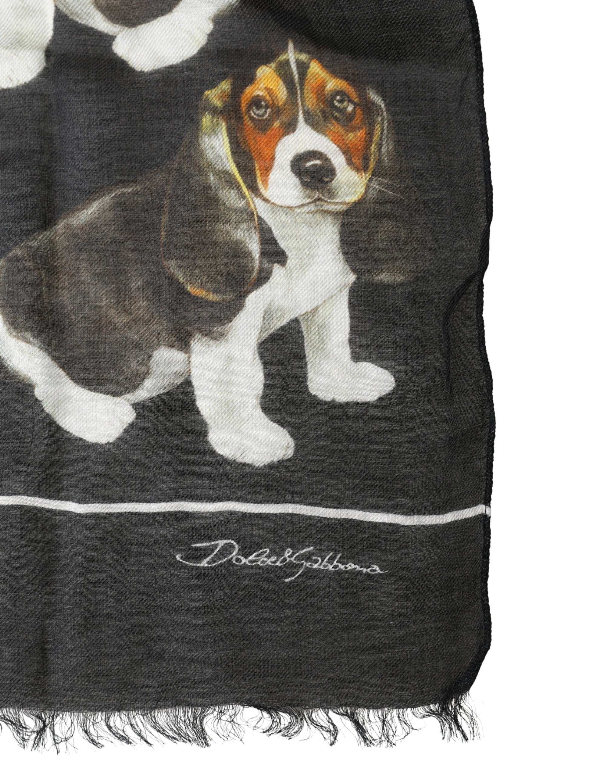Black Dog Print Modal Wool Wrap Foulard 178cm X 63cm Scarf - ventzia