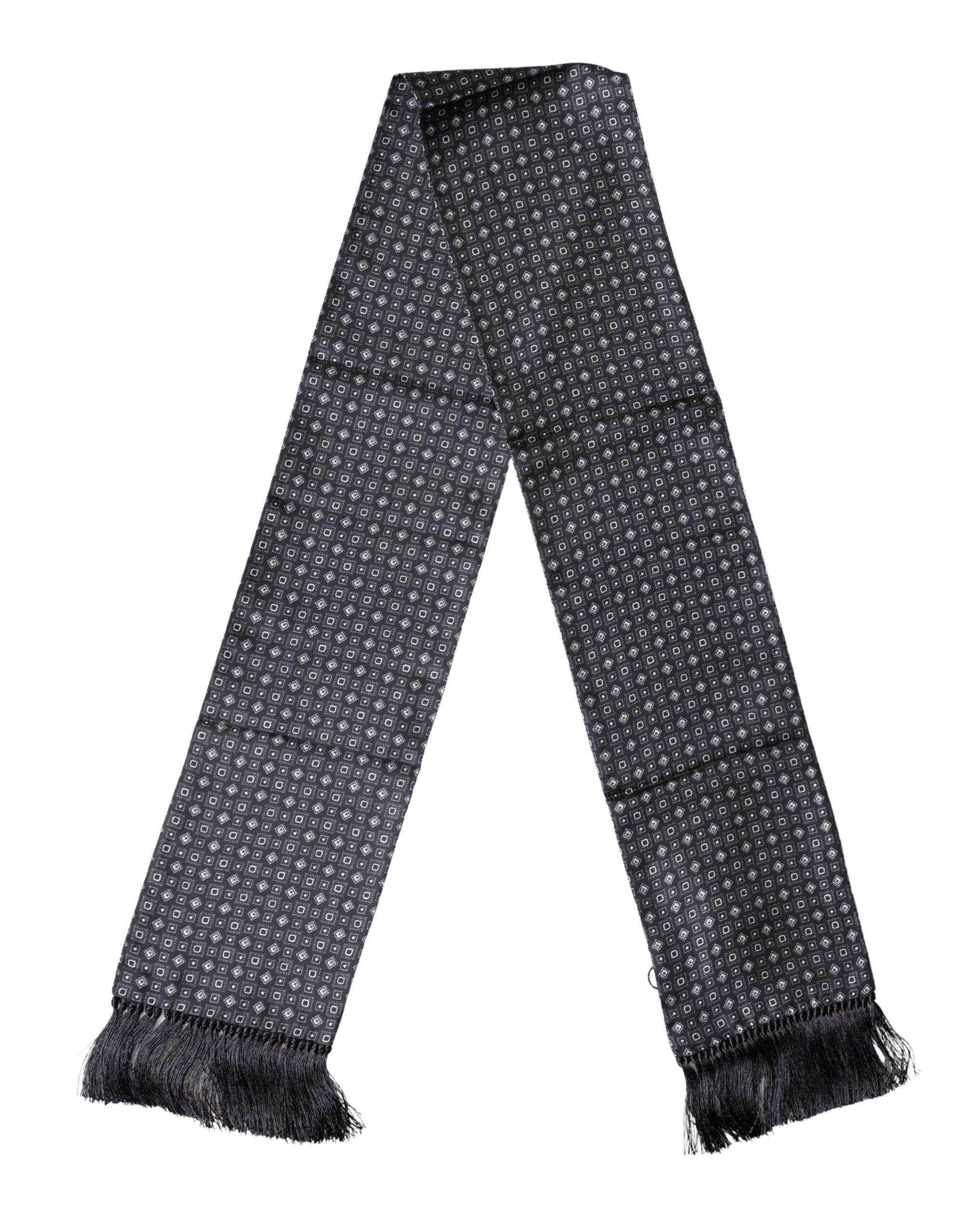 Black Silk Geometric Fringe Wrap Foulard 136cm X 15cm  Scarf - ventzia