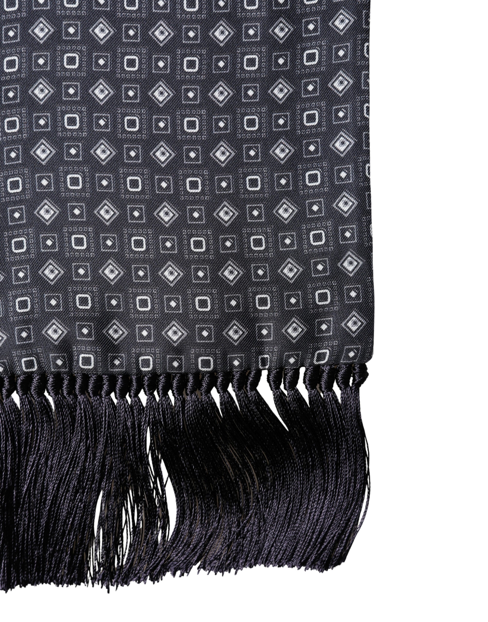 Black Silk Geometric Fringe Wrap Foulard 136cm X 15cm  Scarf - ventzia