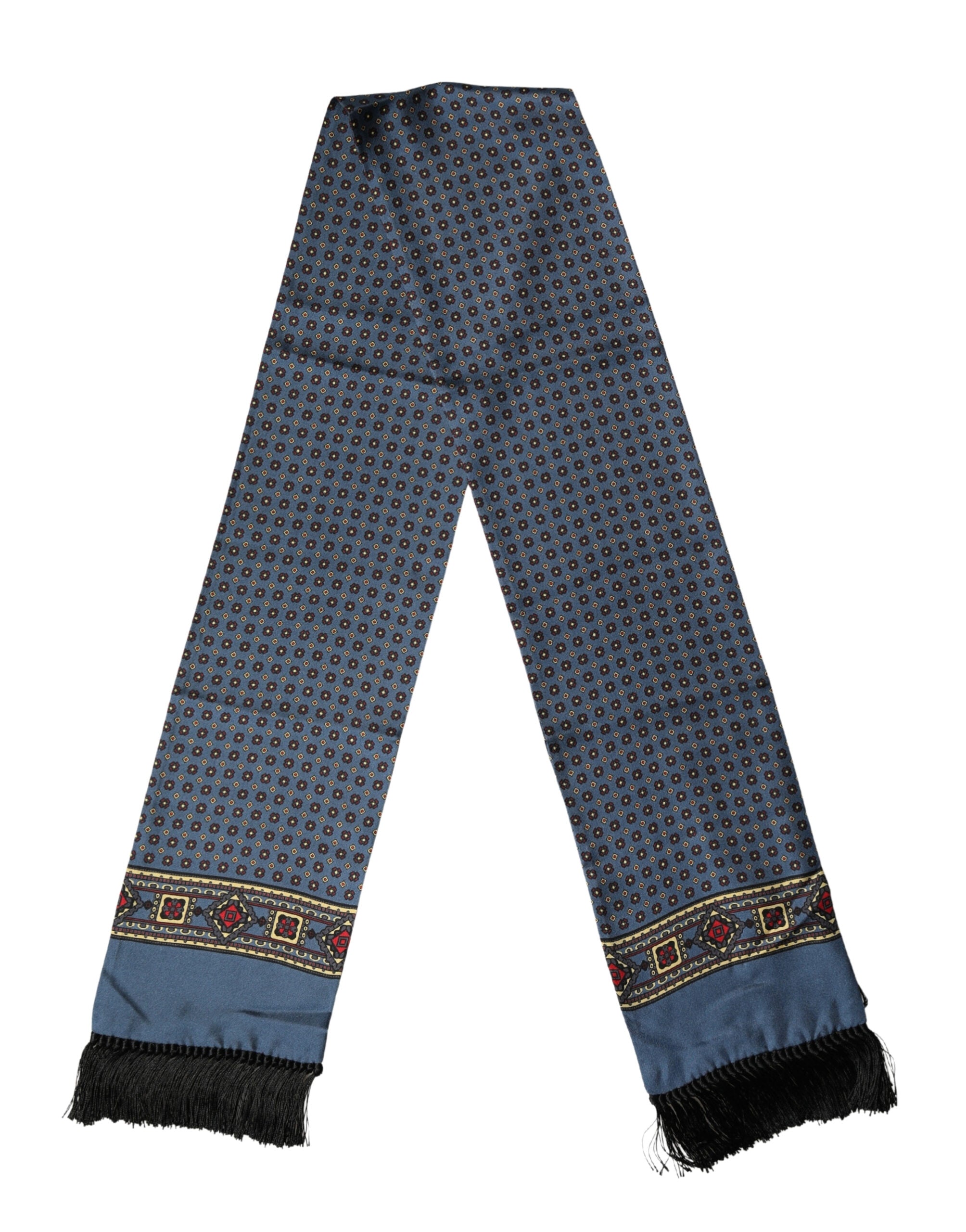 Blue Silk Geometric Fringe Foulard 134cm x 15.5cm Scarf - ventzia