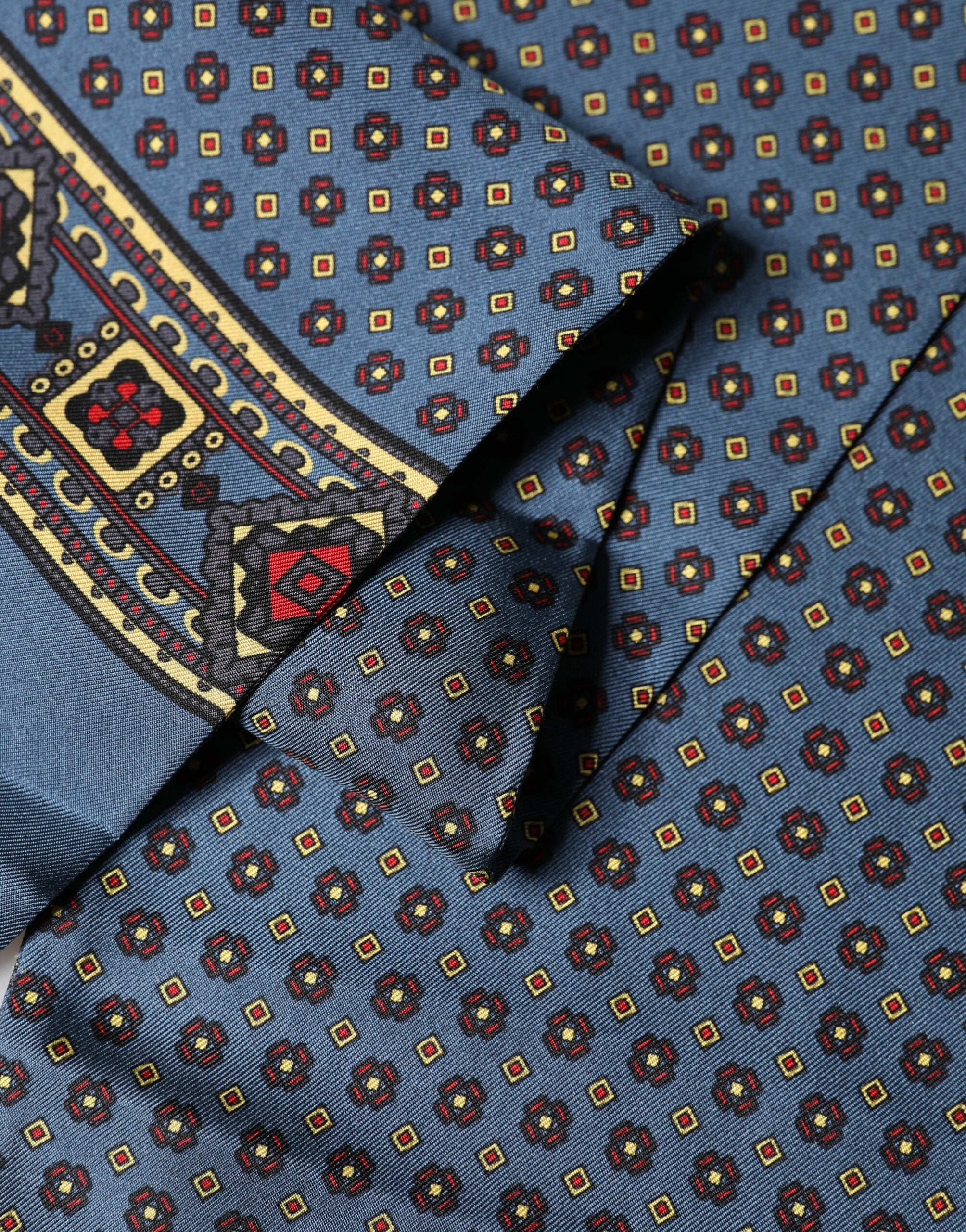 Blue Silk Geometric Fringe Foulard 134cm x 15.5cm Scarf - ventzia