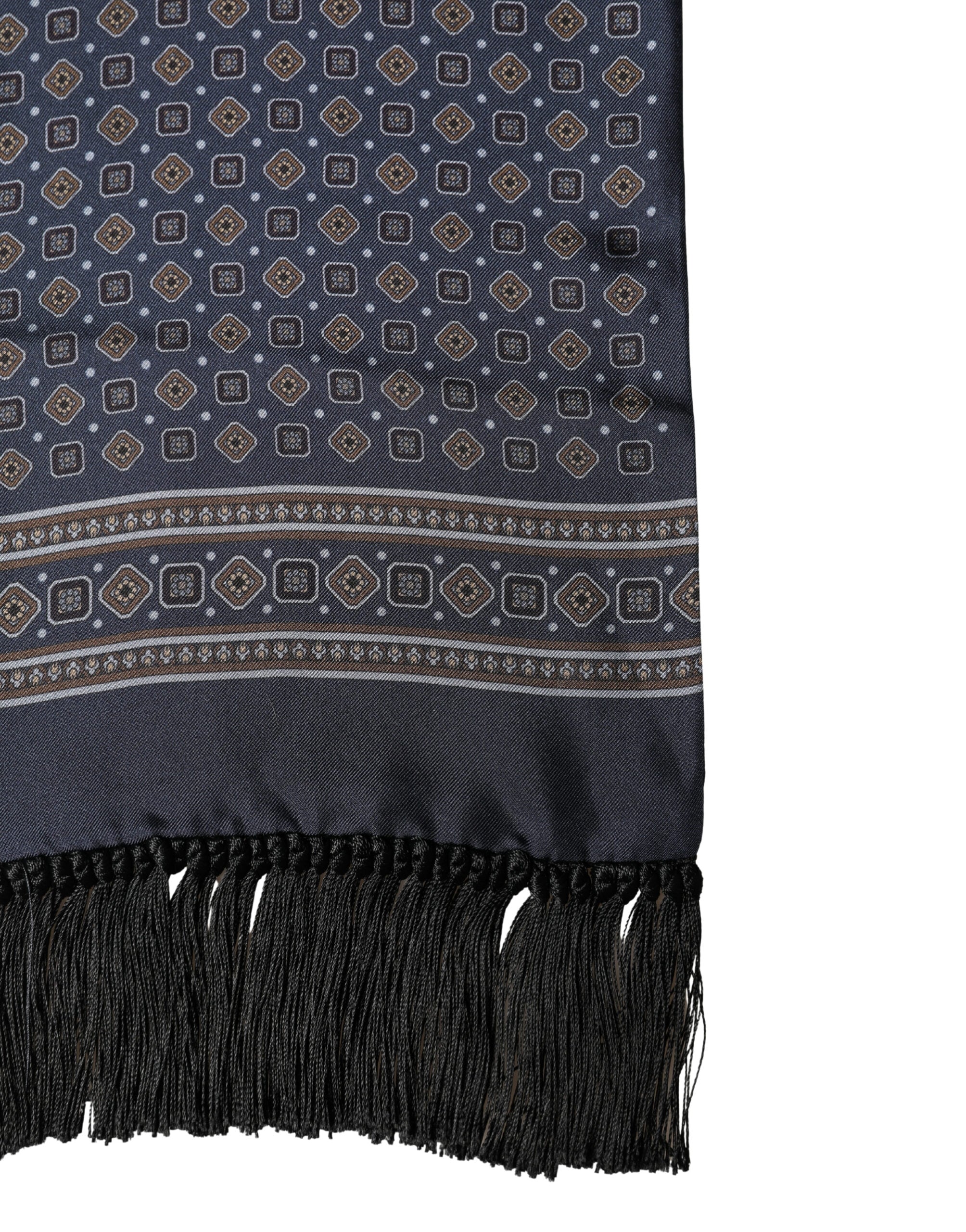 Navy Silk Geometric Fringe Foulard 137cm x 18cm Scarf - ventzia
