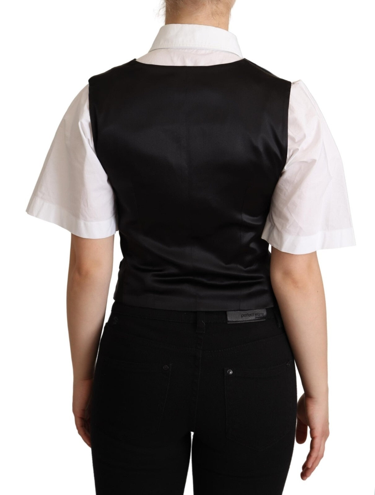 Solid Black Silk Sleeveless Waistcoat Vest Top - ventzia