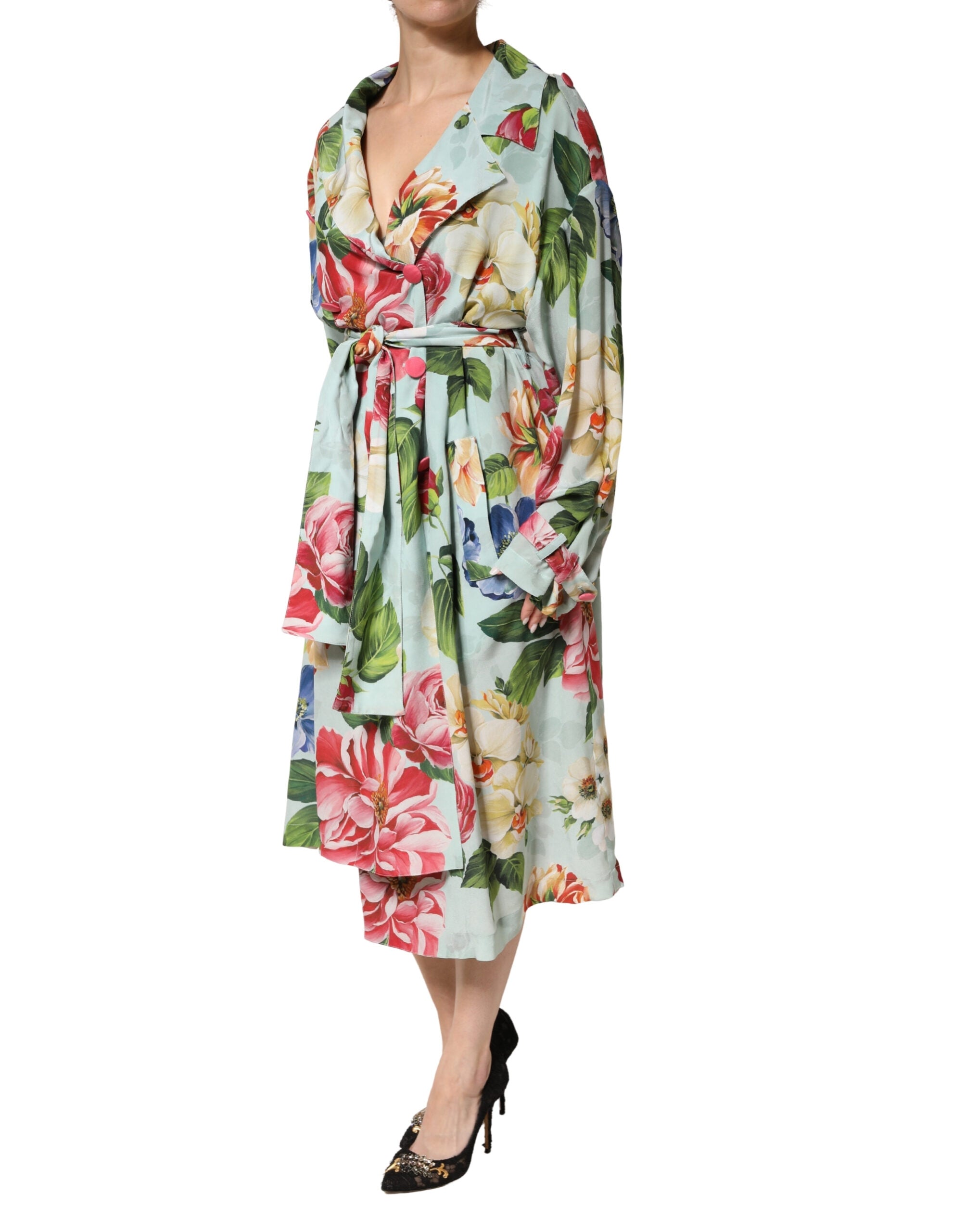 Green Floral Silk Wrap Midi Long Sleeve Dress - ventzia