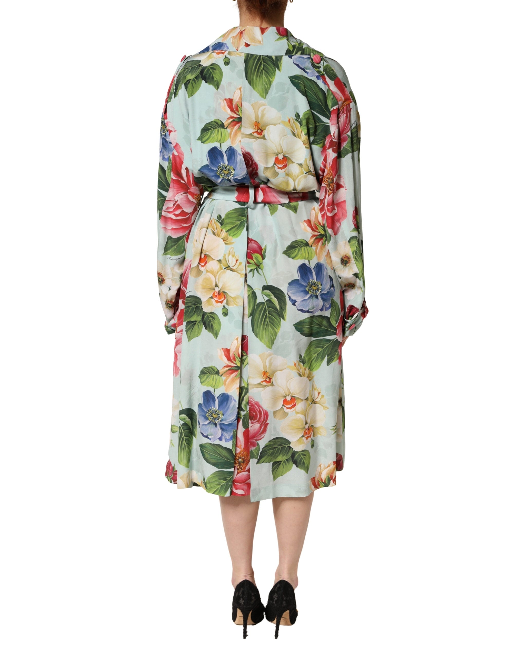 Green Floral Silk Wrap Midi Long Sleeve Dress - ventzia