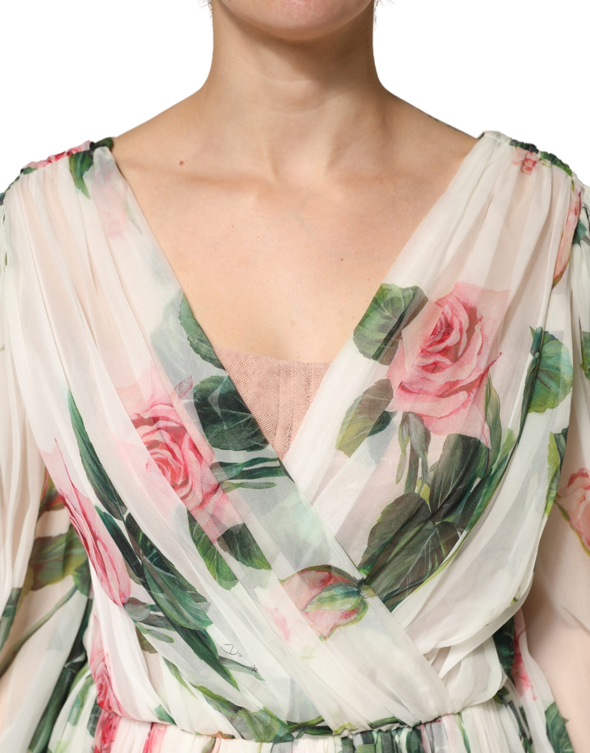 Green Floral Silk Wrap Midi Long Sleeve Dress - ventzia