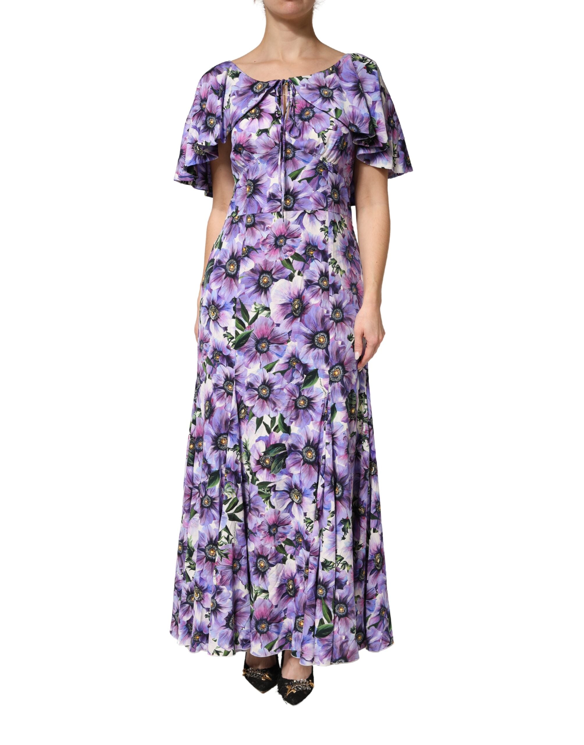 Purple Floral Silk Stretch Elegant Gown  Dress - ventzia