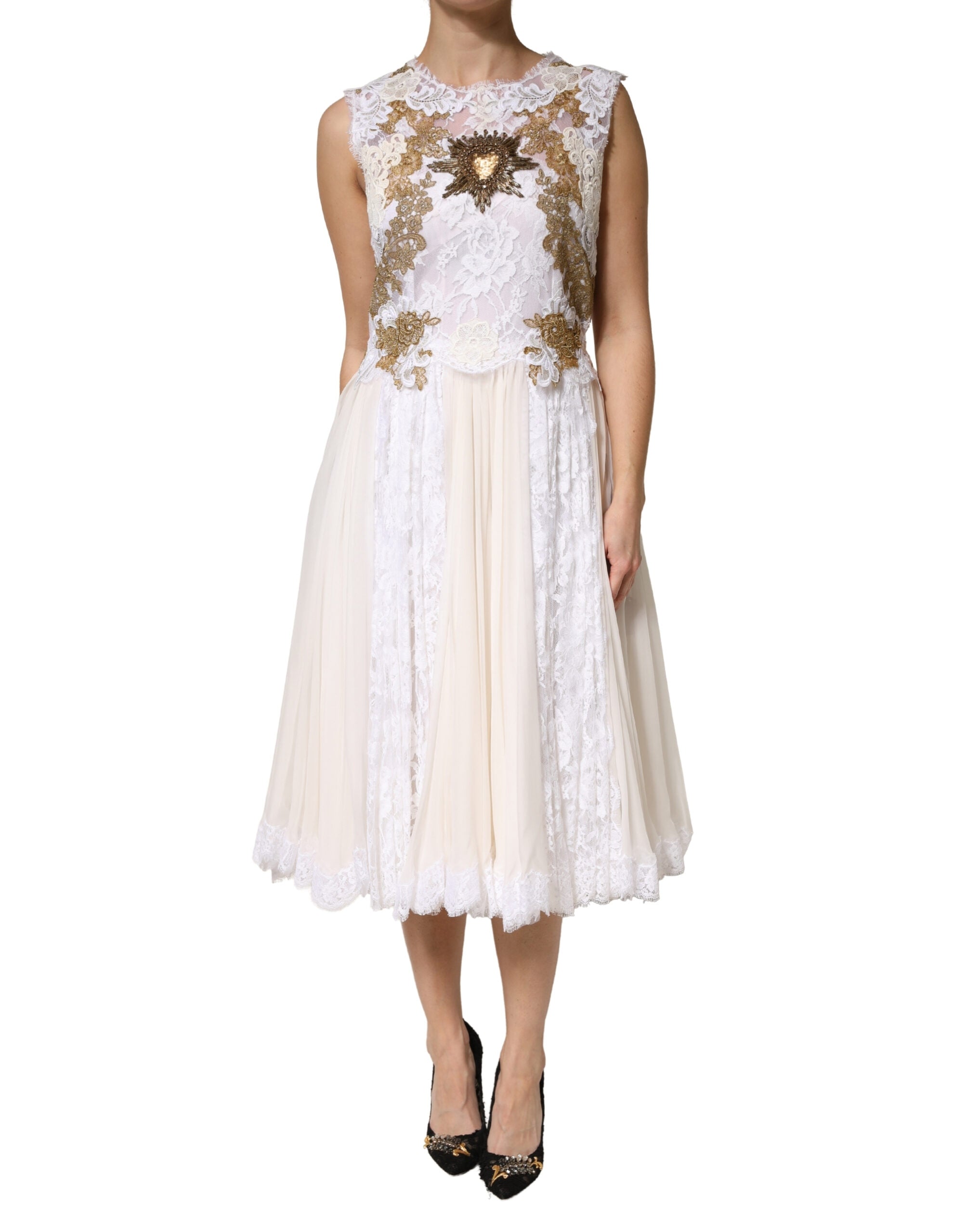 Ivory Lace Silk Embellished Sleeveless  Dress - ventzia