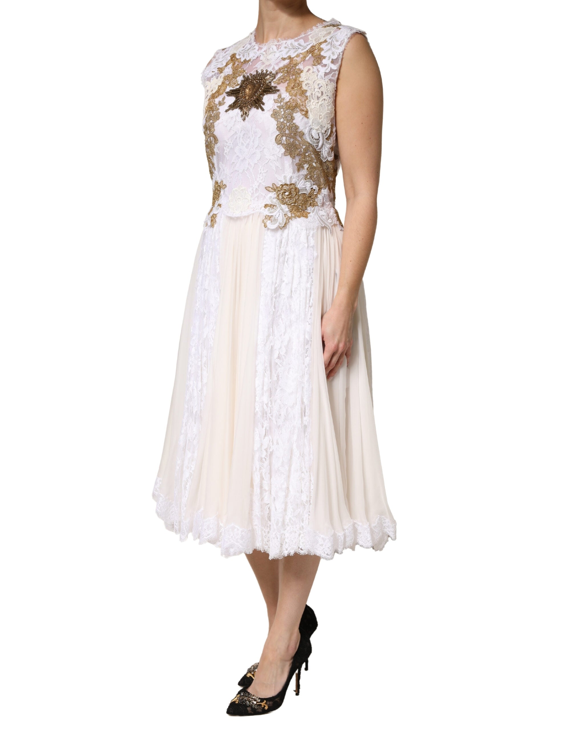 Ivory Lace Silk Embellished Sleeveless  Dress - ventzia