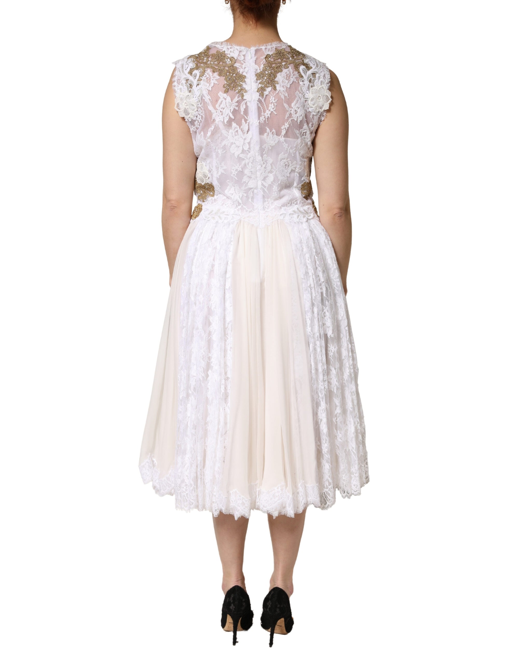 Ivory Lace Silk Embellished Sleeveless  Dress - ventzia