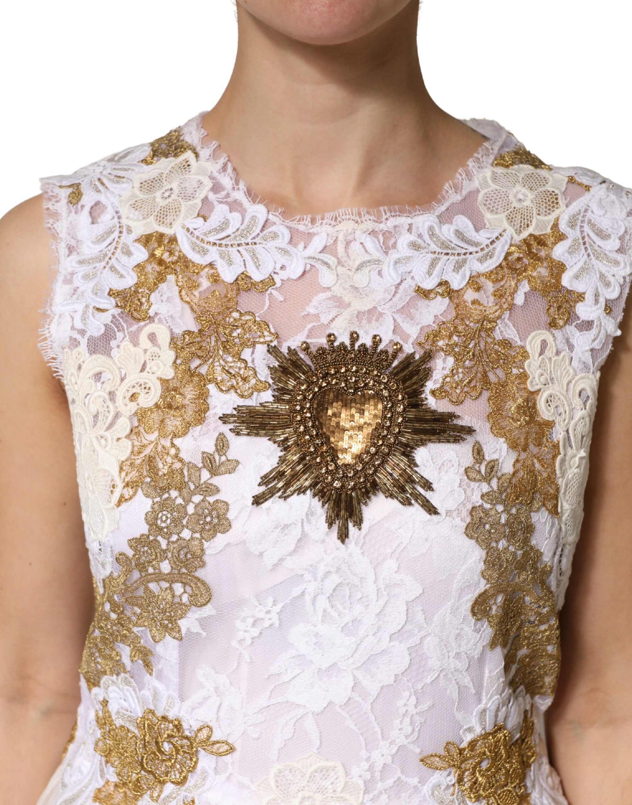 Ivory Lace Silk Embellished Sleeveless  Dress - ventzia