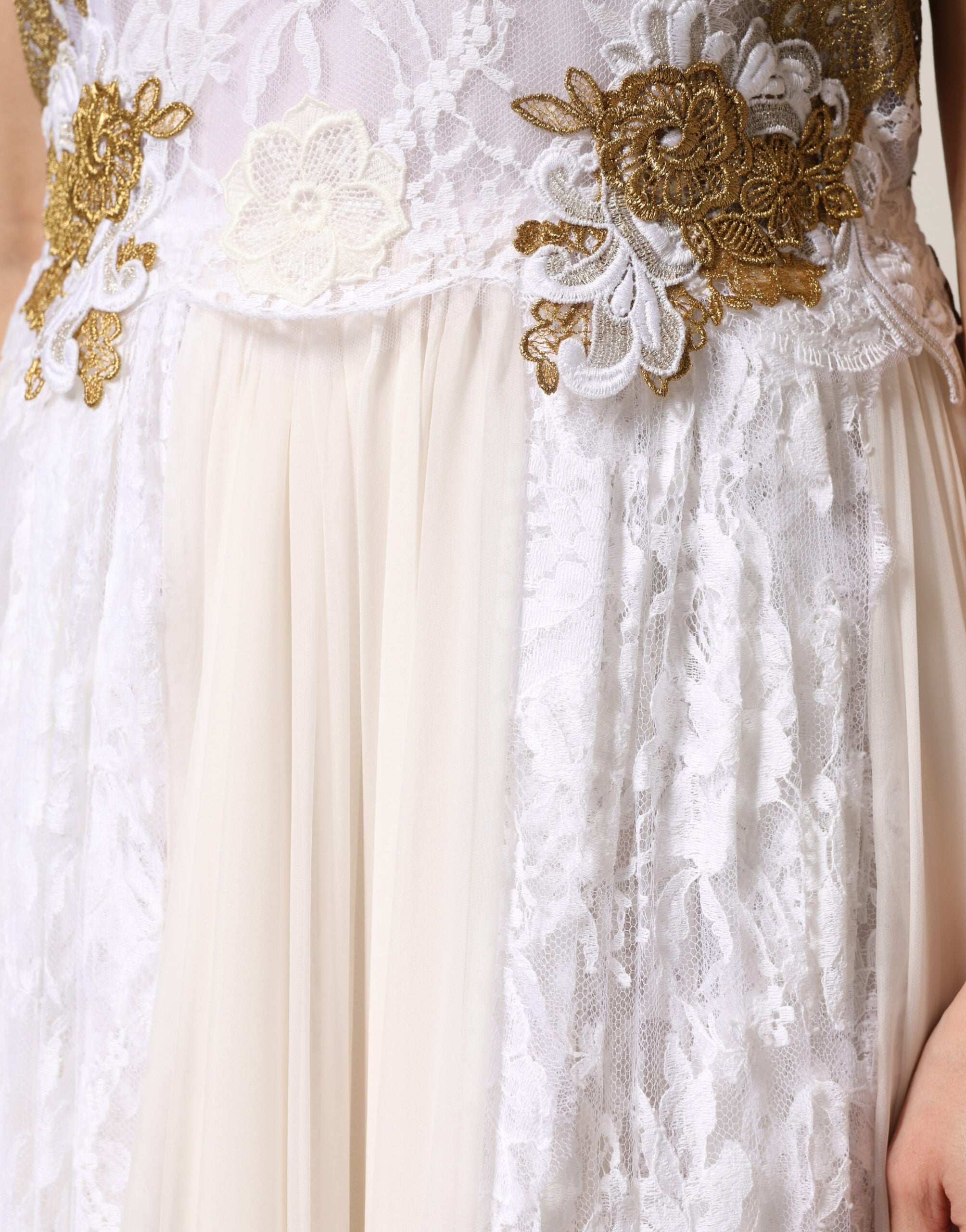 Ivory Lace Silk Embellished Sleeveless  Dress - ventzia