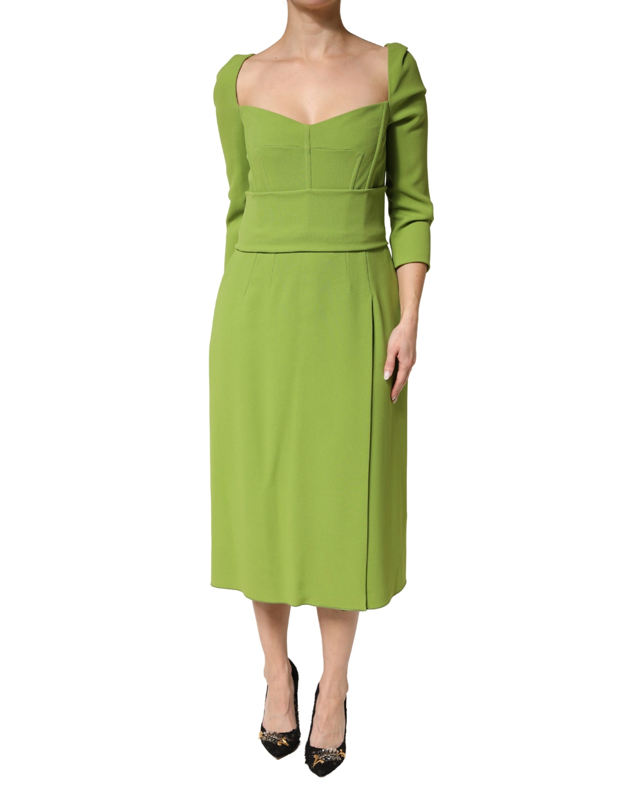 Green Silk Sweetheart Neckline Midi  Dress - ventzia