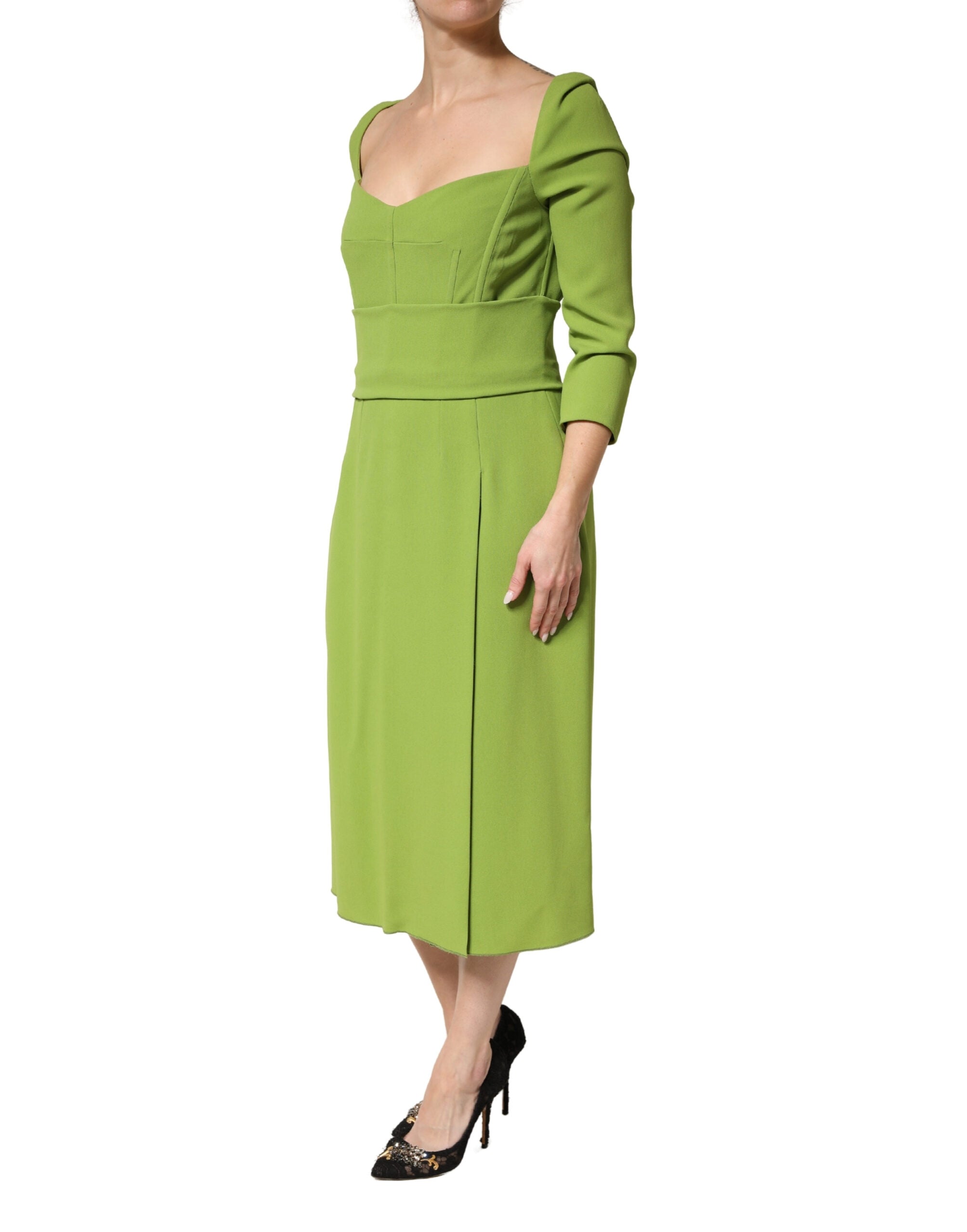 Green Silk Sweetheart Neckline Midi  Dress - ventzia