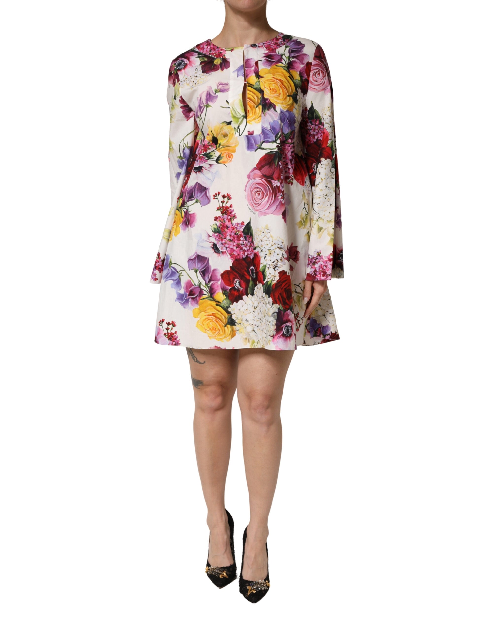 Multicolor Floral Cotton Longsleeves Midi Dress - ventzia