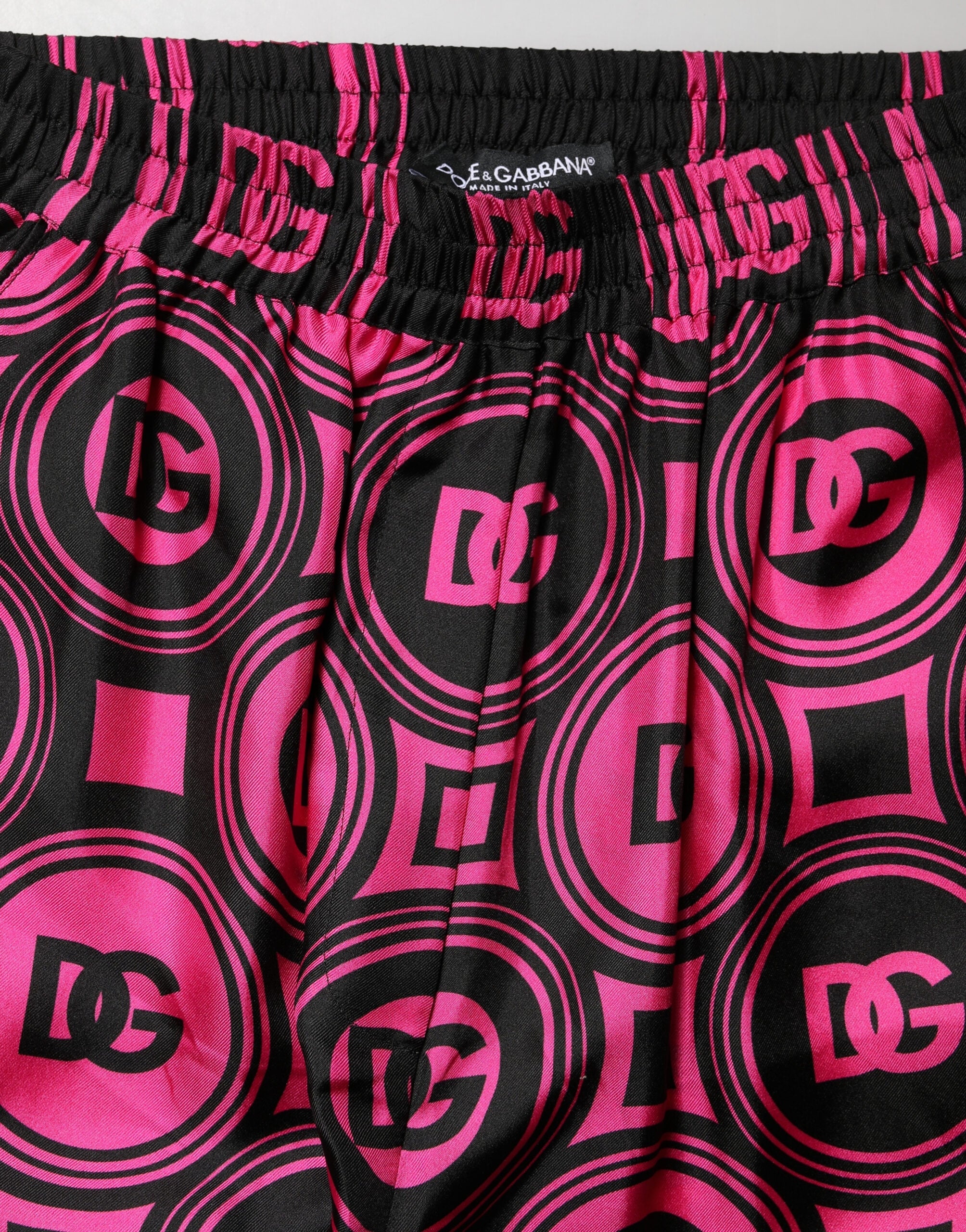 Black Fuchsia Silk Logo Elastic Waist Shorts - ventzia