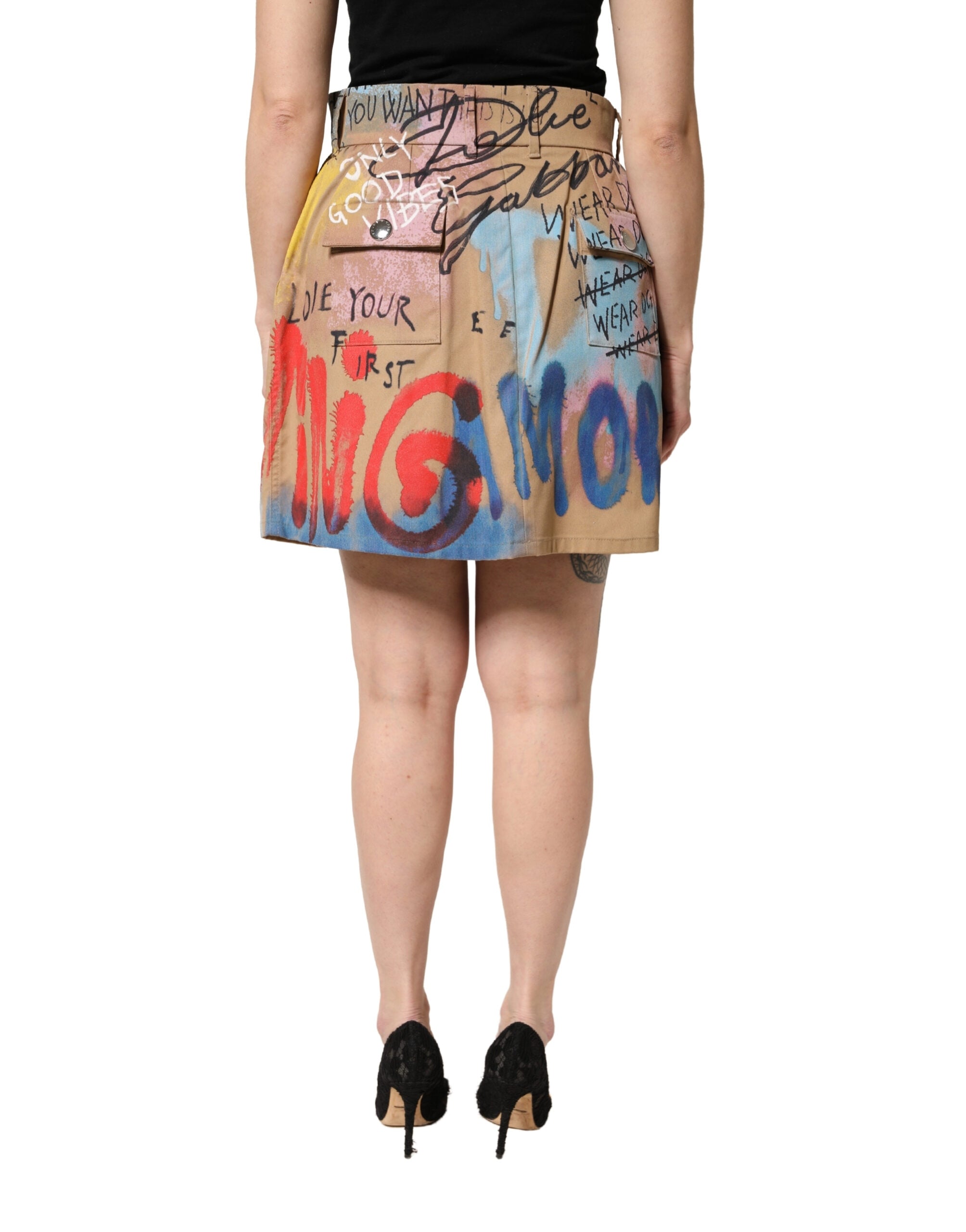 Beige Graffiti Print Cotton Blend Mini Skirt - ventzia