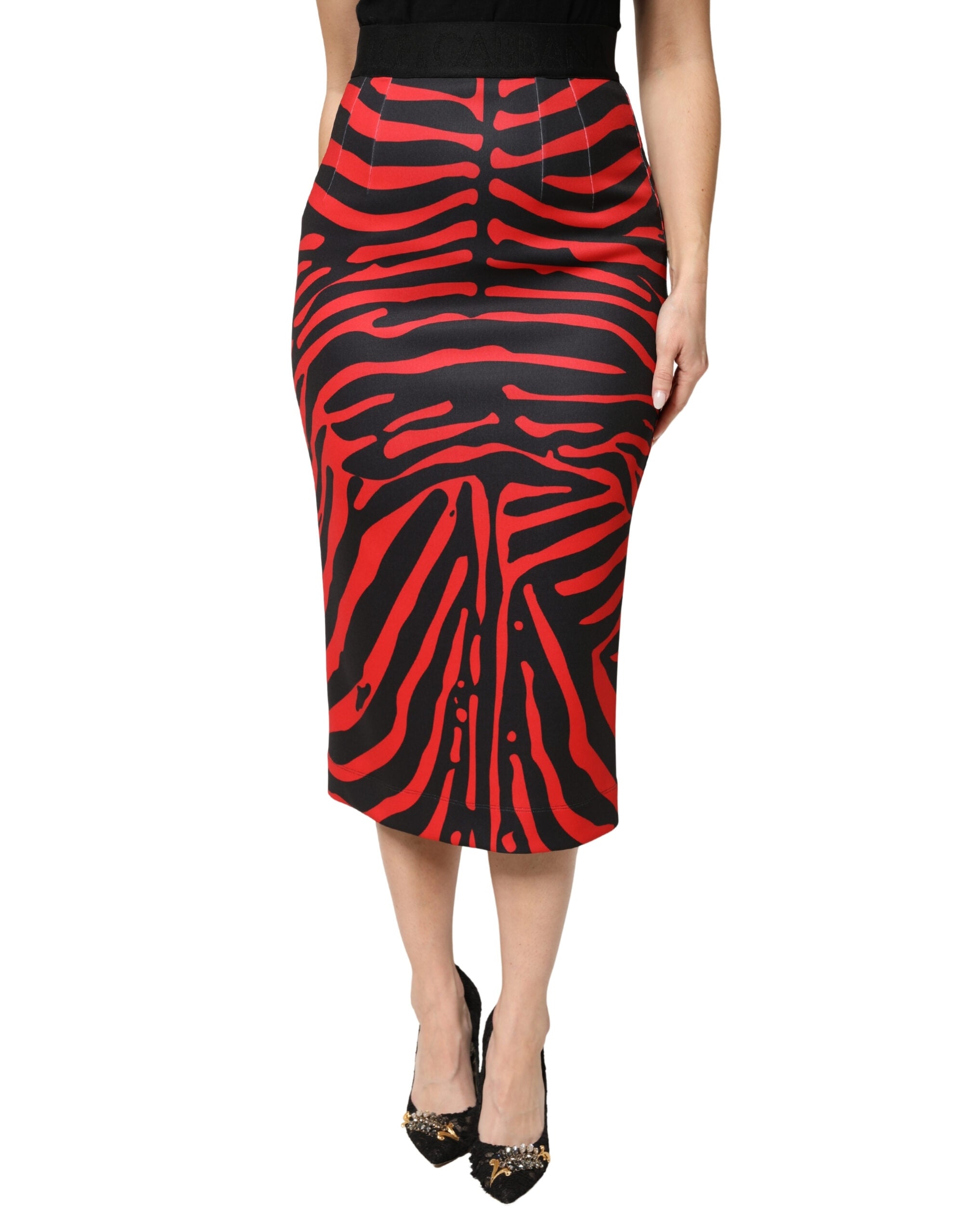 Red Black Zebra Print Polyester Pencil Midi Skirt - ventzia
