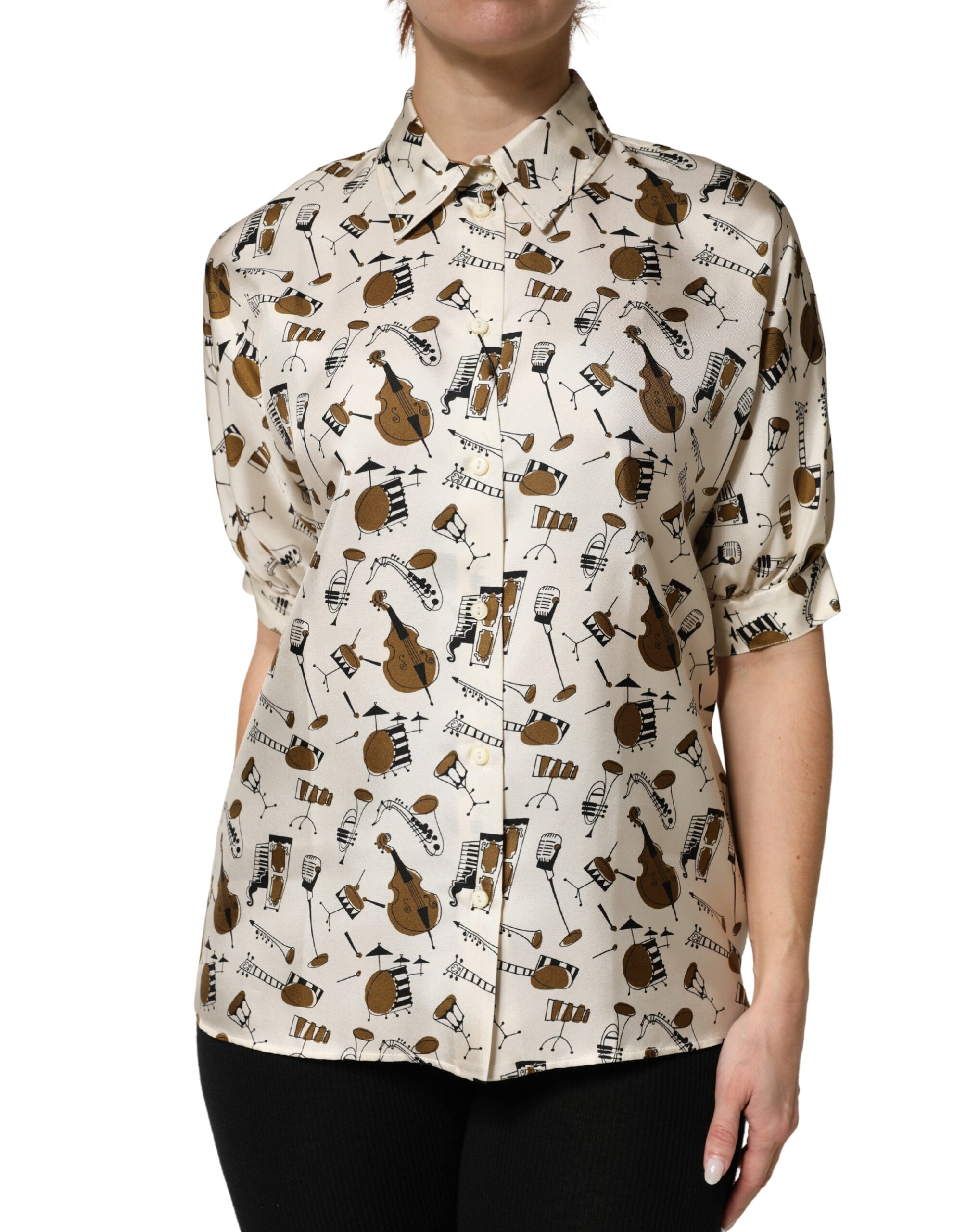 Beige Musical Instrument Print Short Sleeve Top - ventzia