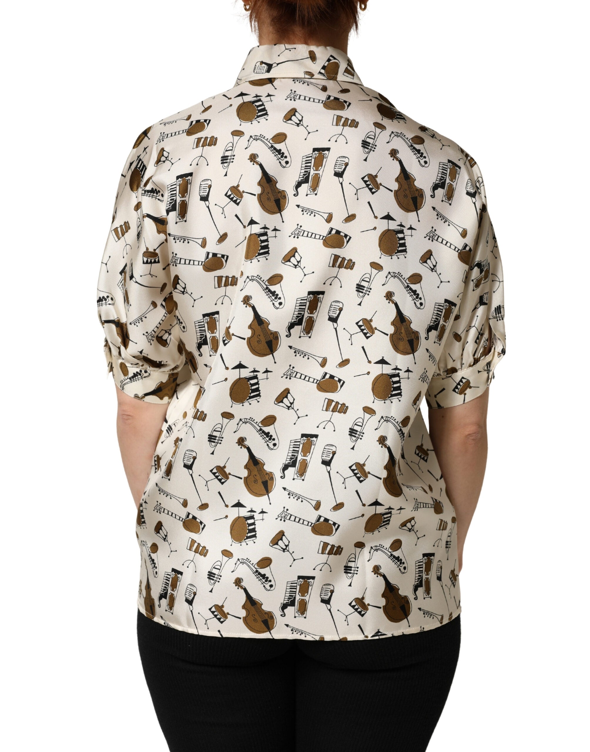 Beige Musical Instrument Print Short Sleeve Top - ventzia