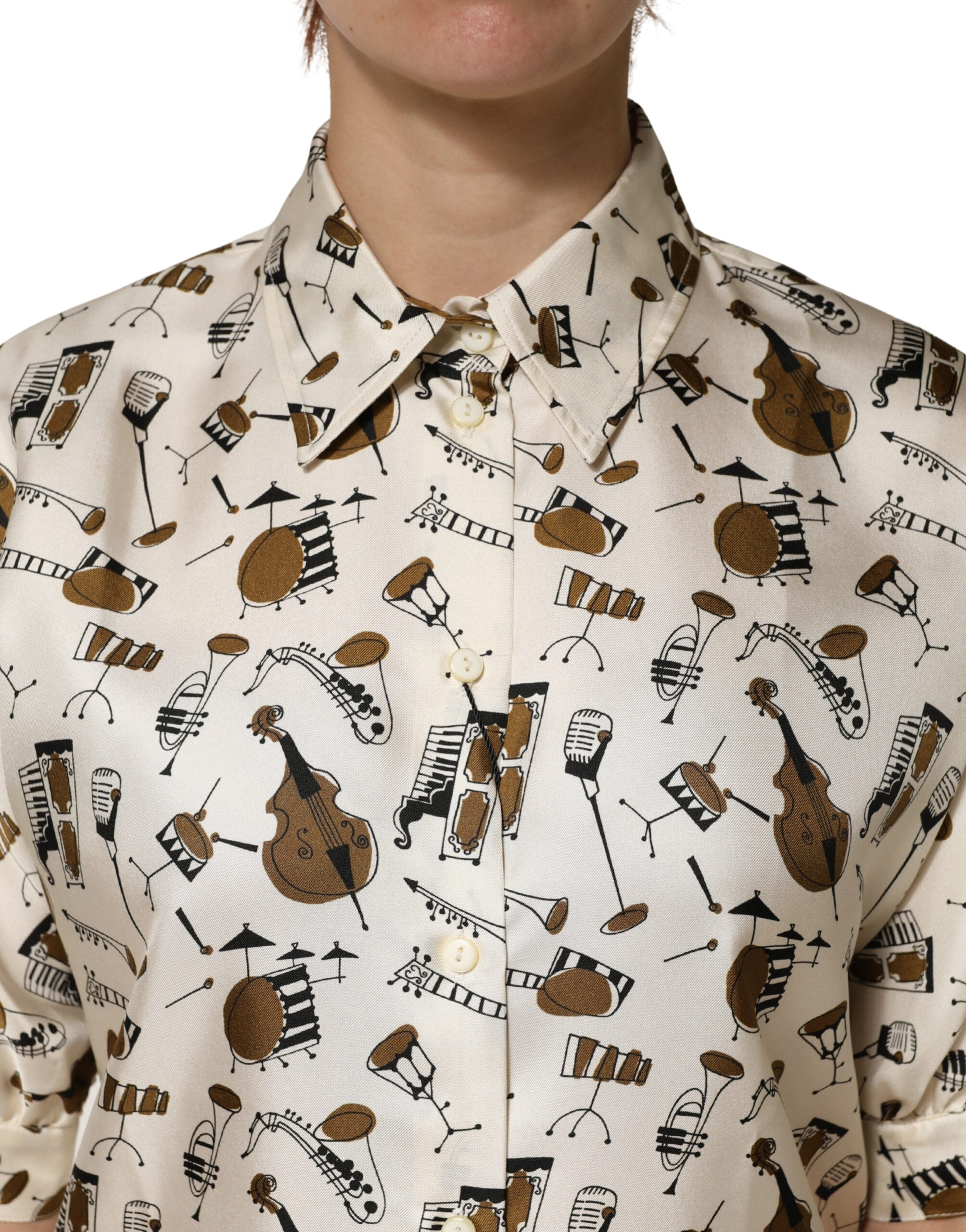 Beige Musical Instrument Print Short Sleeve Top - ventzia