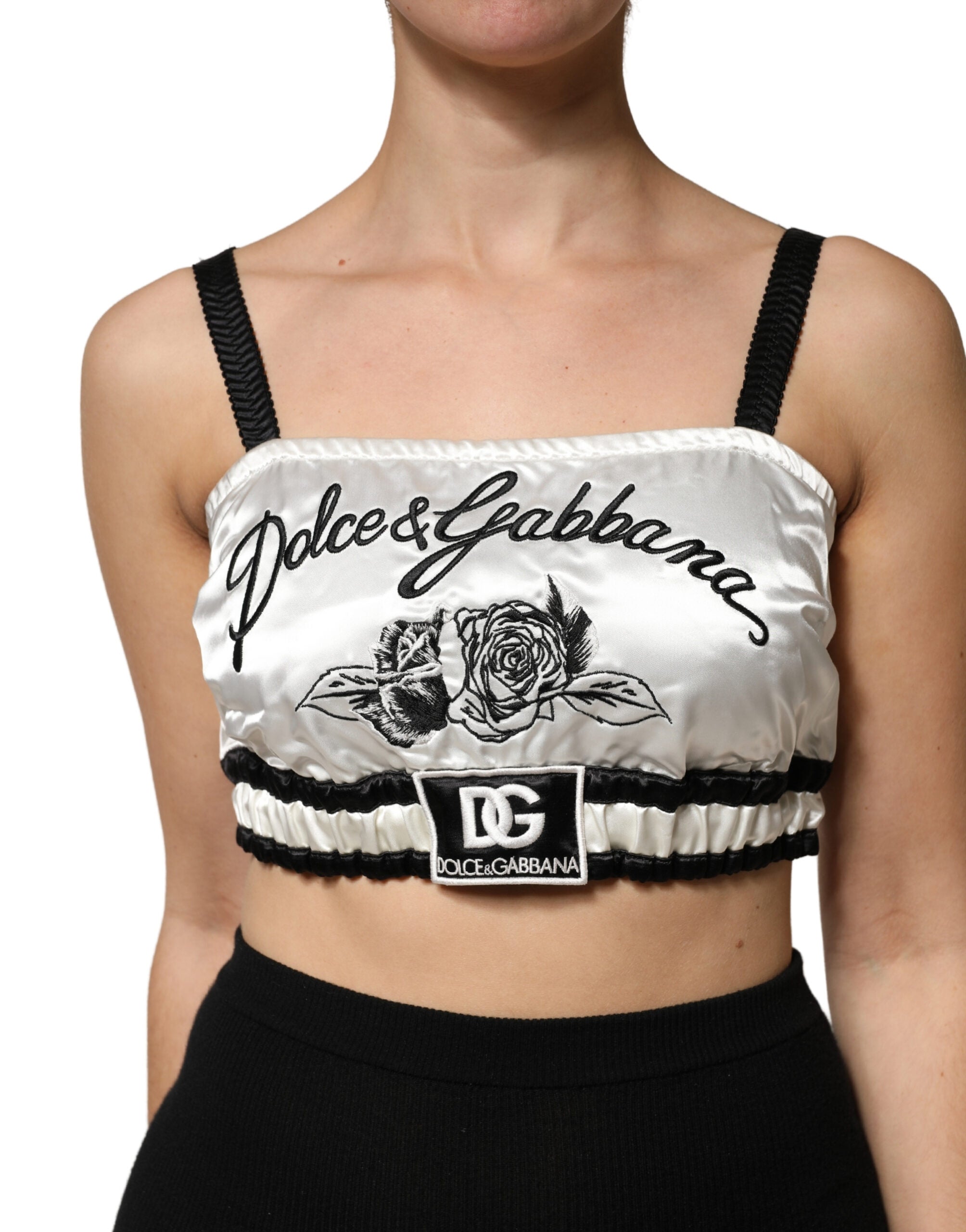 White Silk Satin Crop Black Logo Bralette Top - ventzia