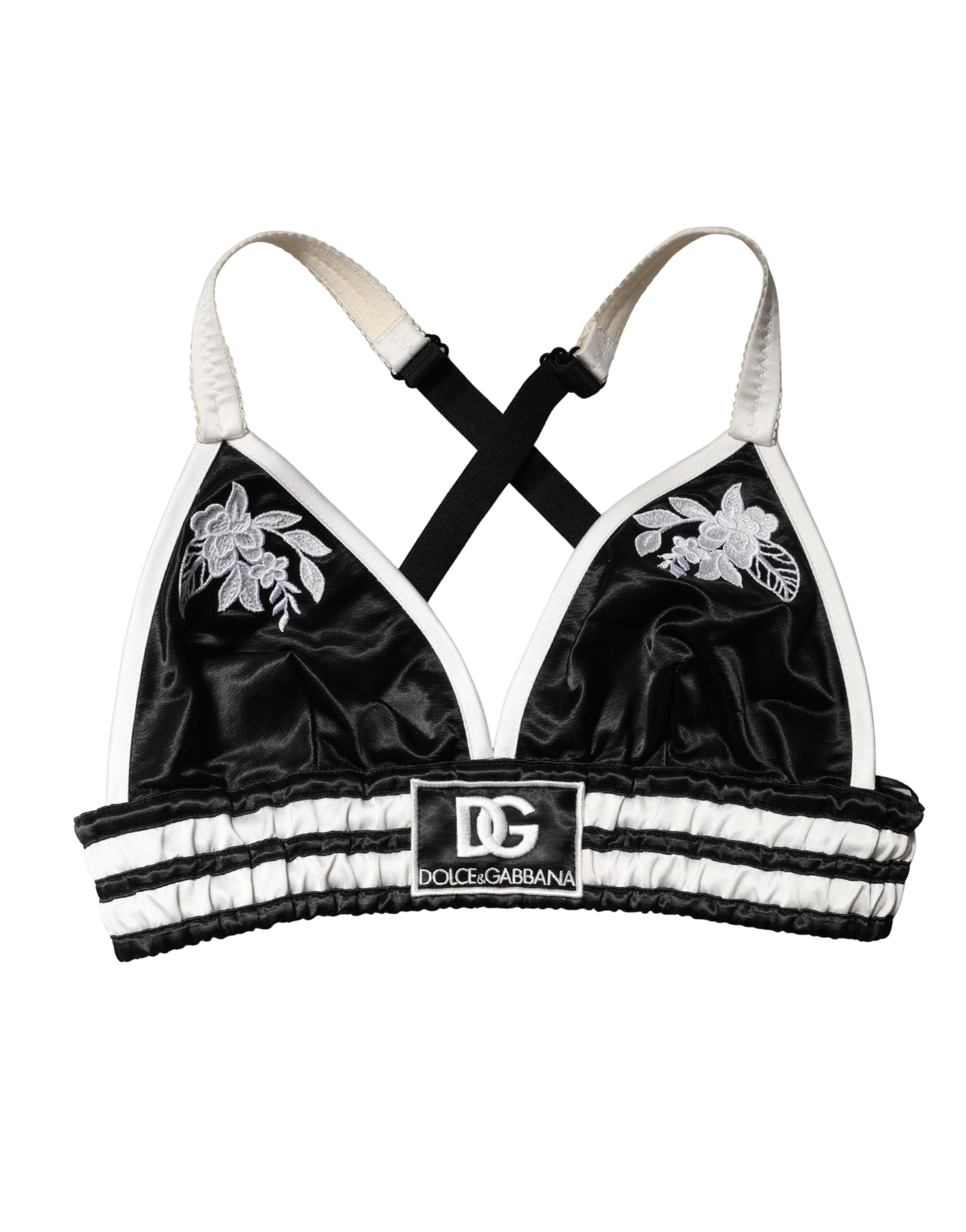 Black Floral Silk Satin Crop Logo Bralette Top - ventzia