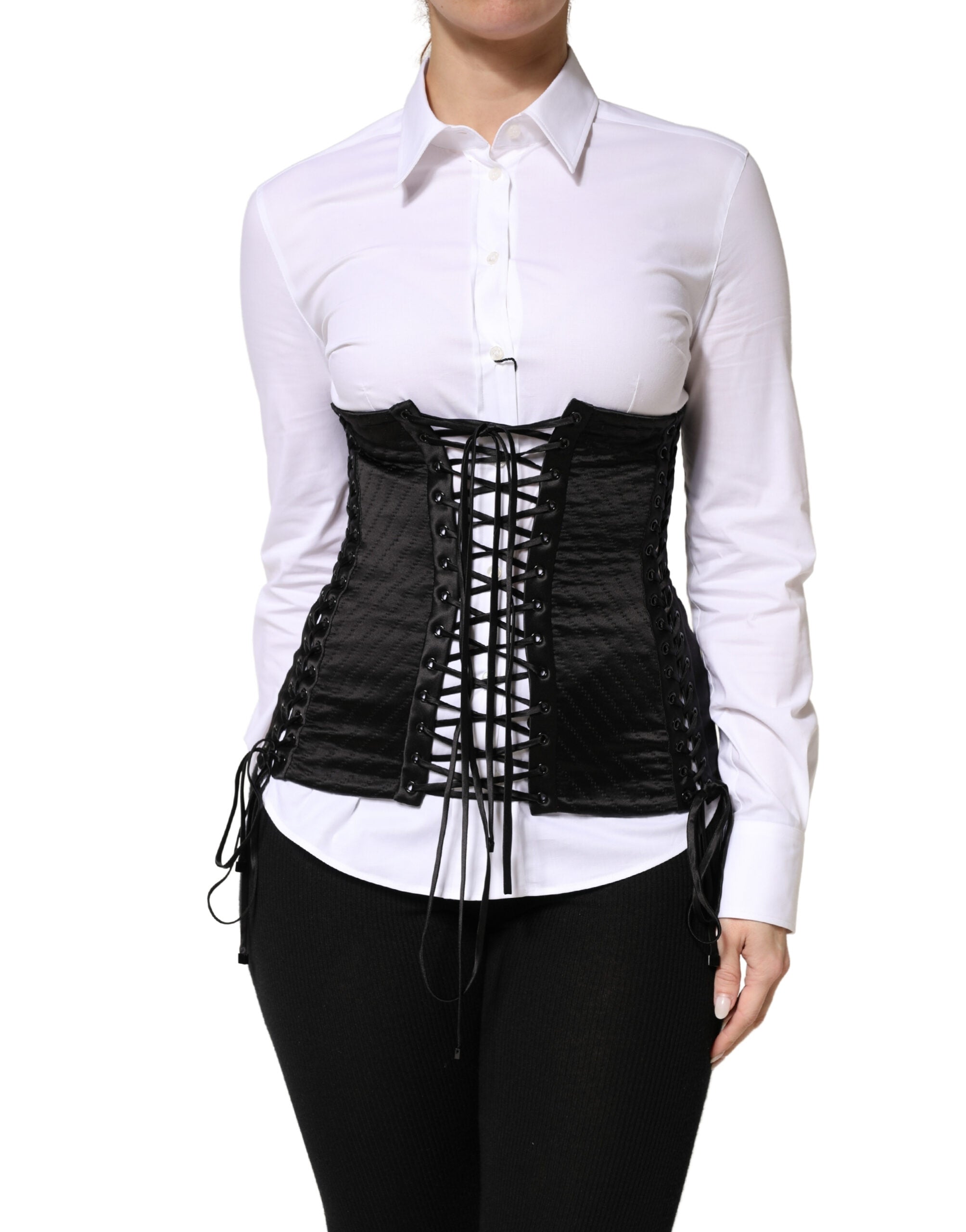 Black Silk Lace-Up Waist Cincher Corset Top - ventzia