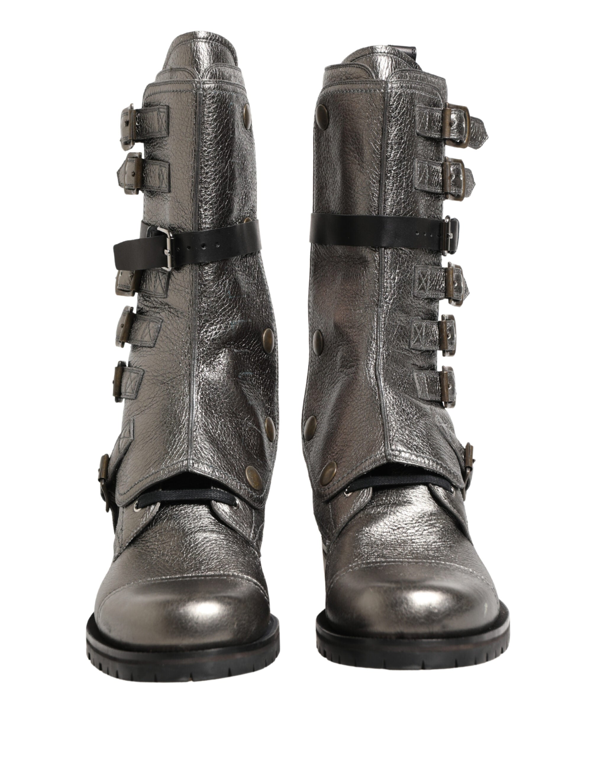 Metallic Leather Buckle Combat Boots Shoes - ventzia