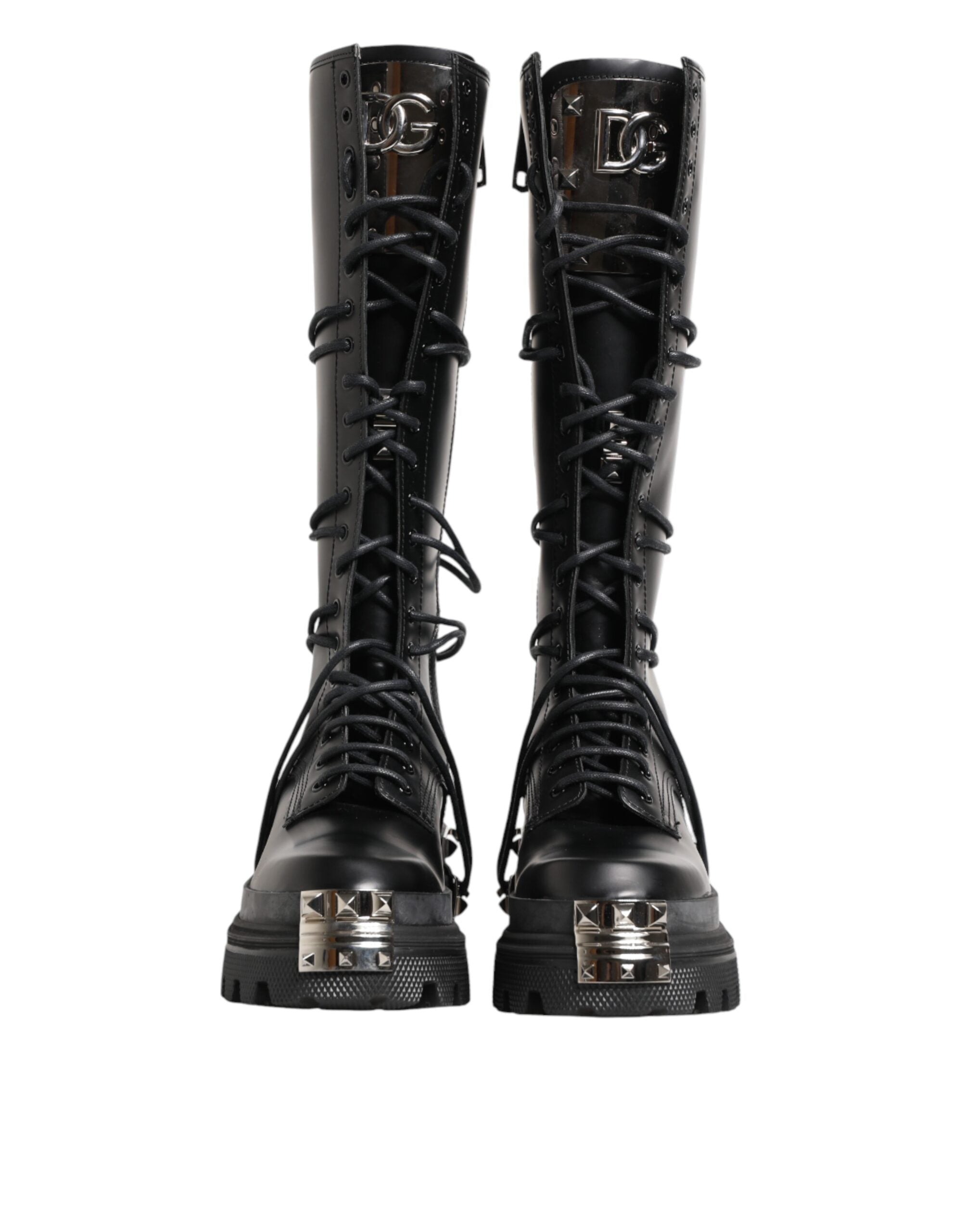 Black Leather Knee High Combat Boots Shoes - ventzia