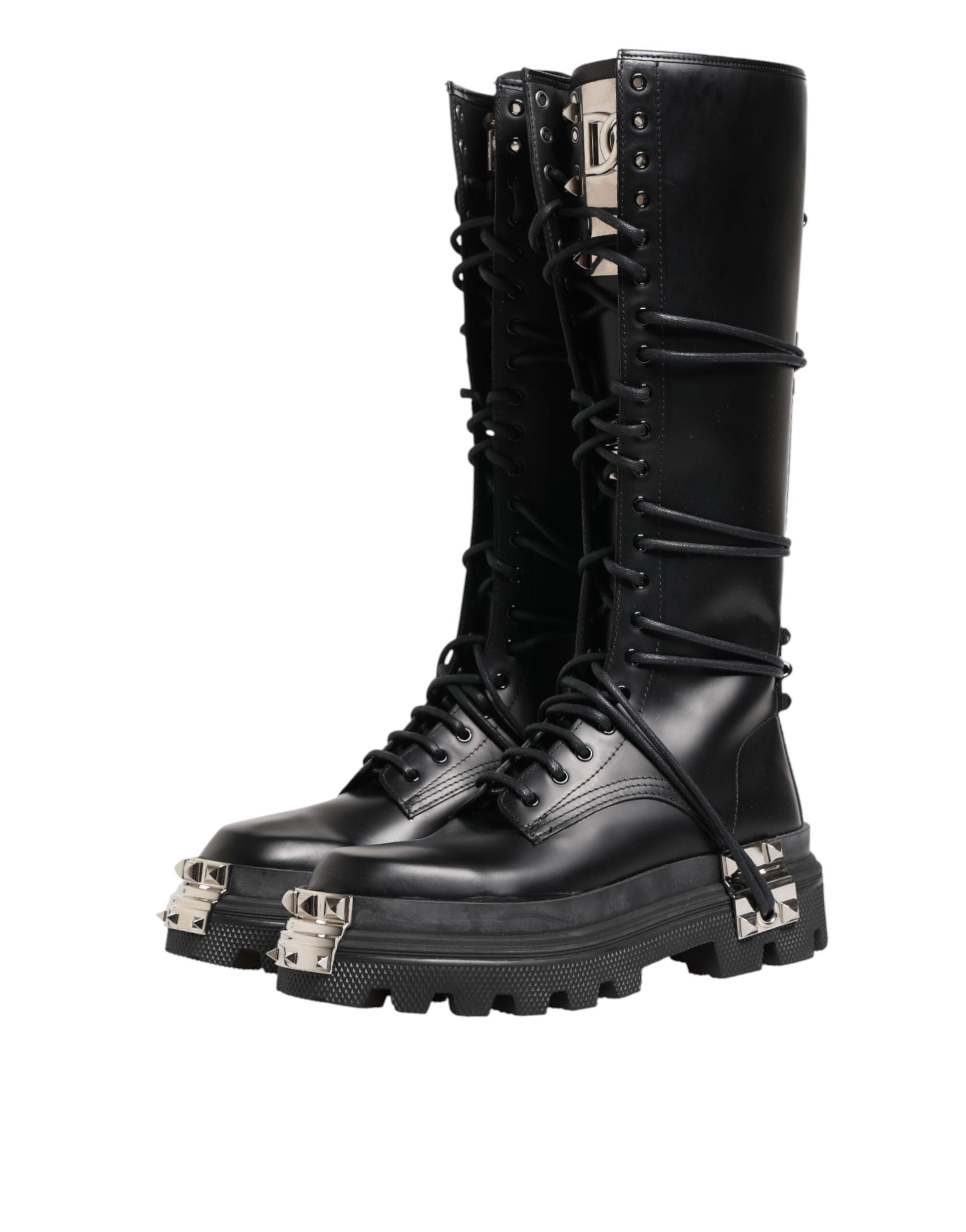 Black Leather Knee High Combat Boots Shoes - ventzia