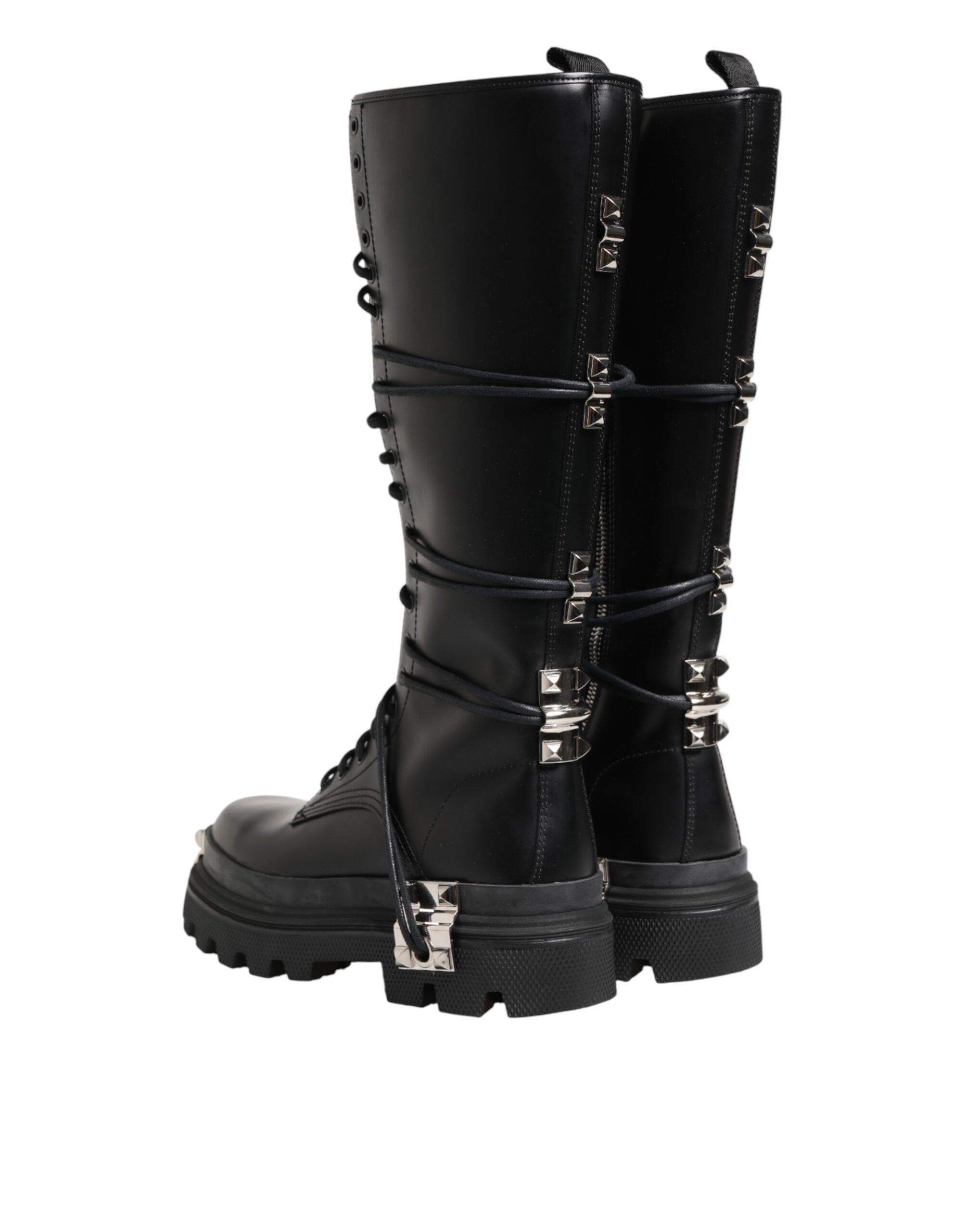 Black Leather Knee High Combat Boots Shoes - ventzia