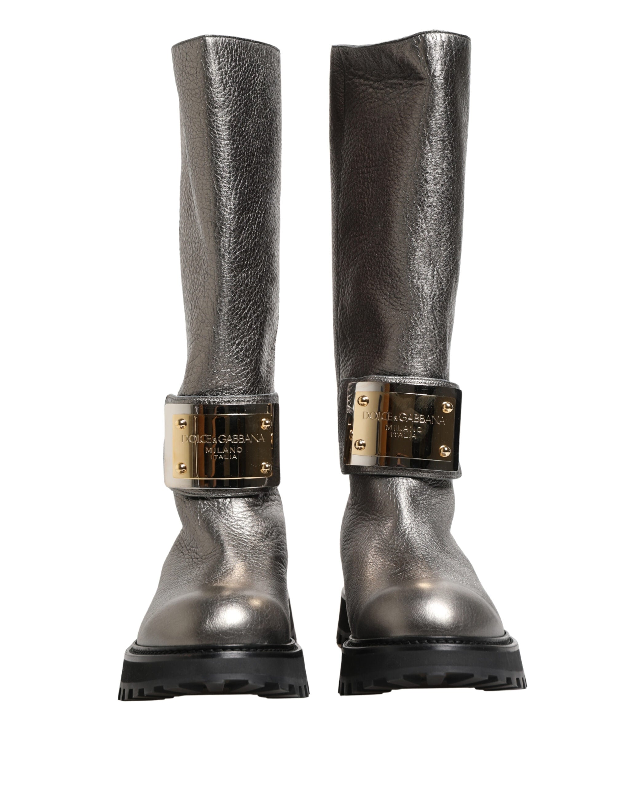 Metallic Silver Leather Mid Calf Boots Shoes - ventzia