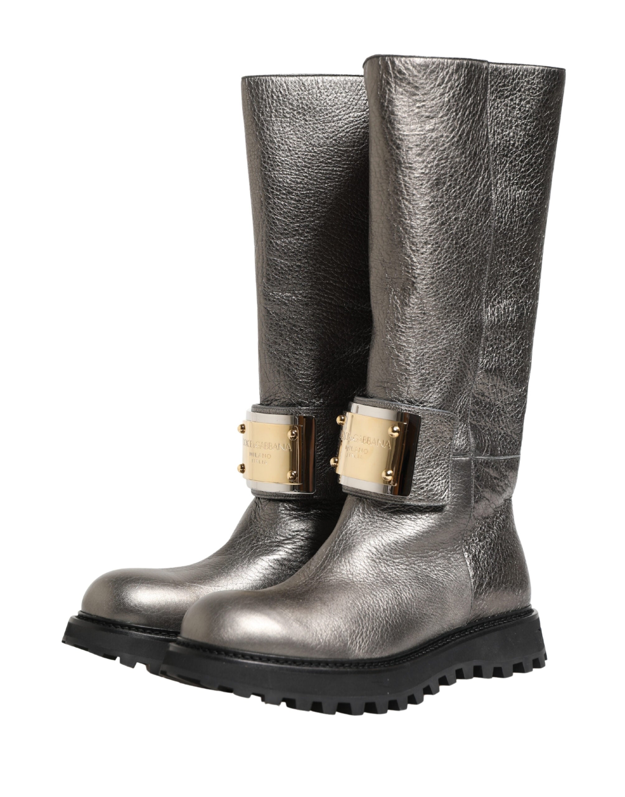 Metallic Silver Leather Mid Calf Boots Shoes - ventzia