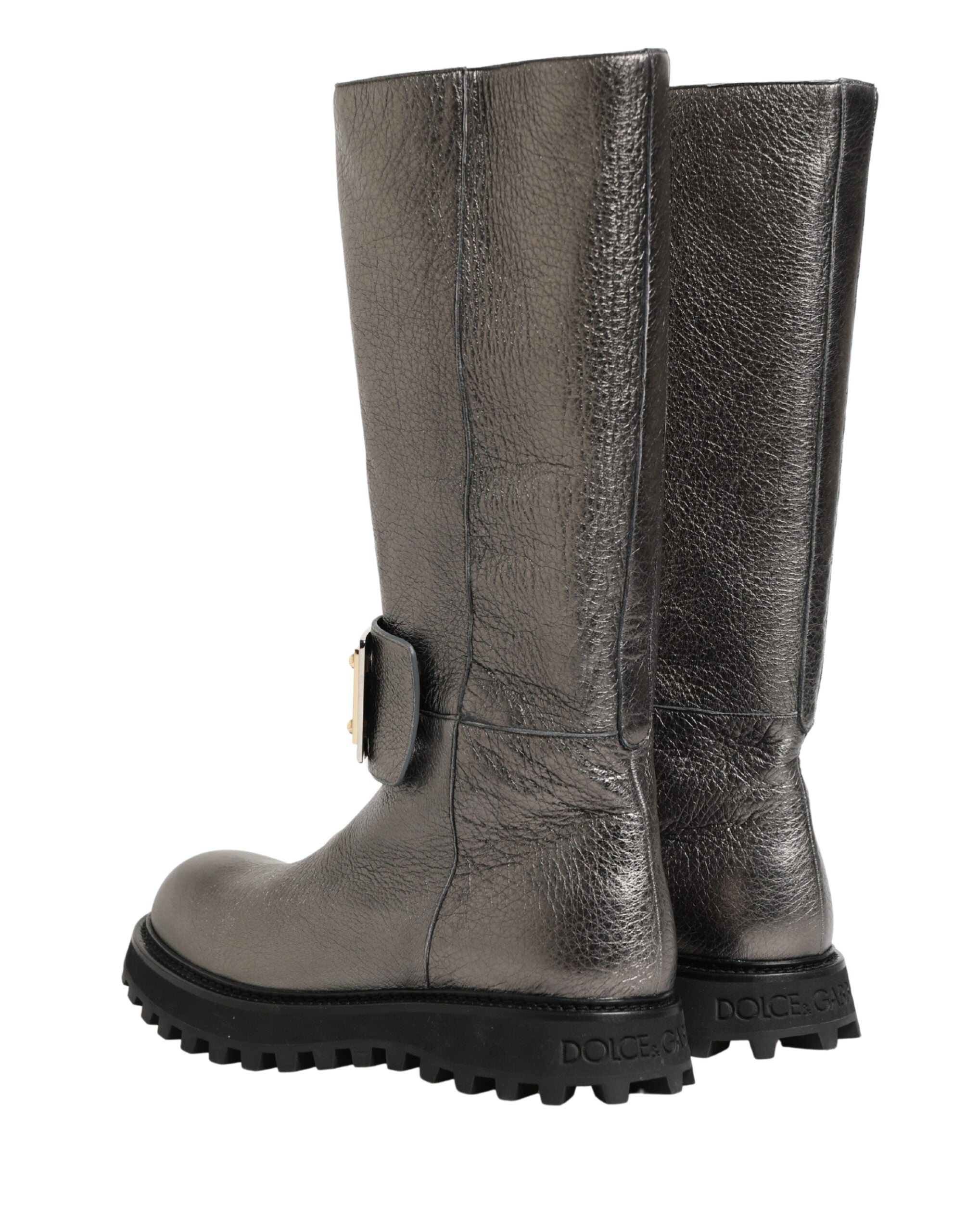 Metallic Silver Leather Mid Calf Boots Shoes - ventzia